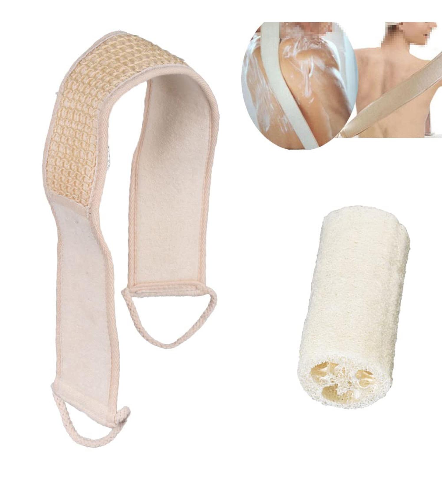 YingRen Natural Loofah Exfoliating Back Strap Scrubber Massager + Exfoliating Brush - Spa Bath Massage Set - Buy Online on GoSupps.com