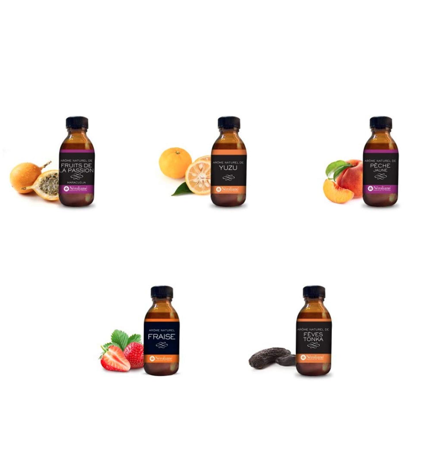 Food Flavours – Pack of 5 50 ml Bottles: Peach – Strawberry – Tonka Bean – Passion Marcudja – Yuzu