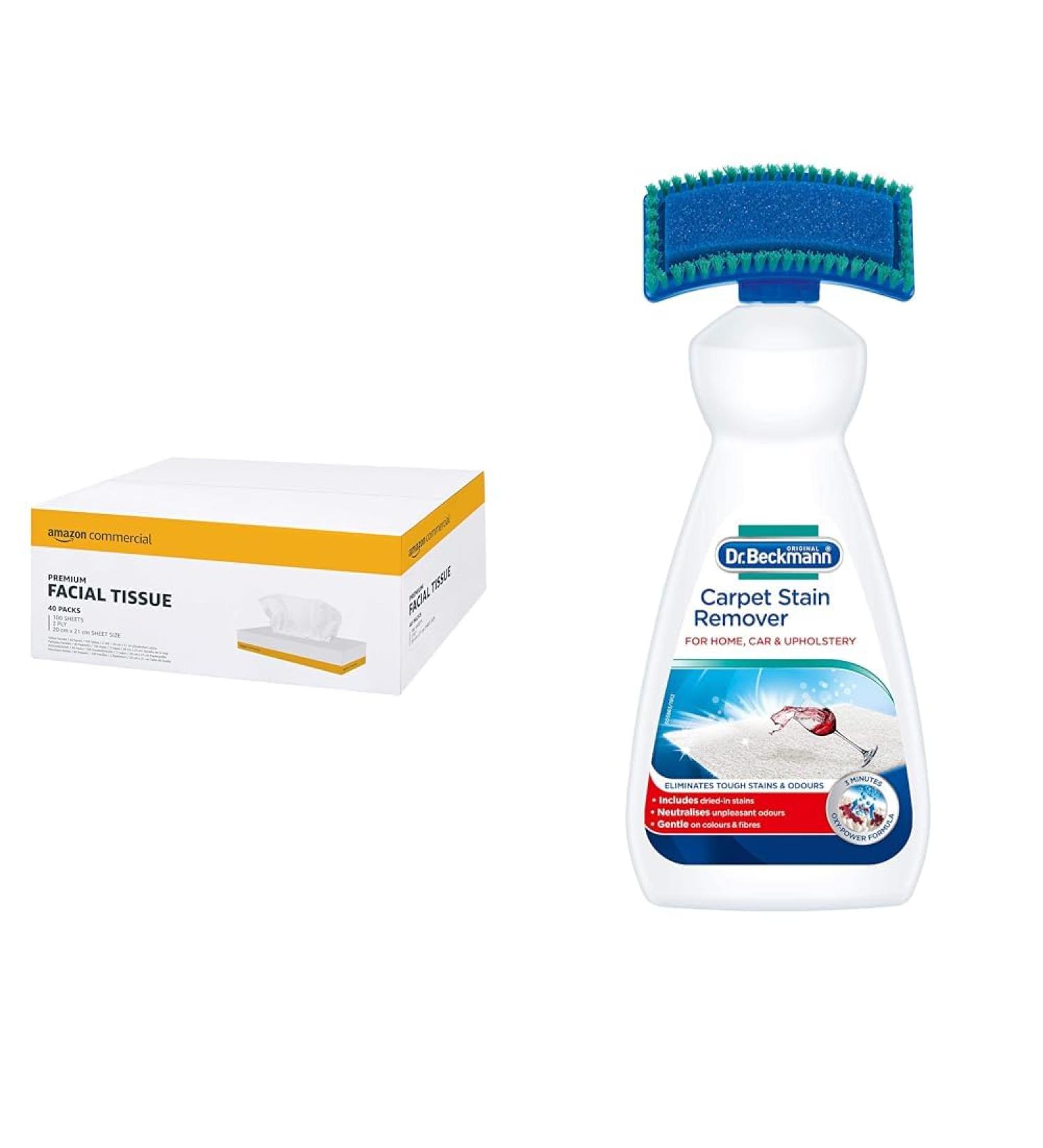 AmazonCommercial 417627 2-Ply Facial Tissues Pack of 40 4000 tissues & Dr. Beckmann Carpet Stain Remover | Removes New and Dried-in Stains | Includes Applicator Brush - Buy Online on GoSupps.com