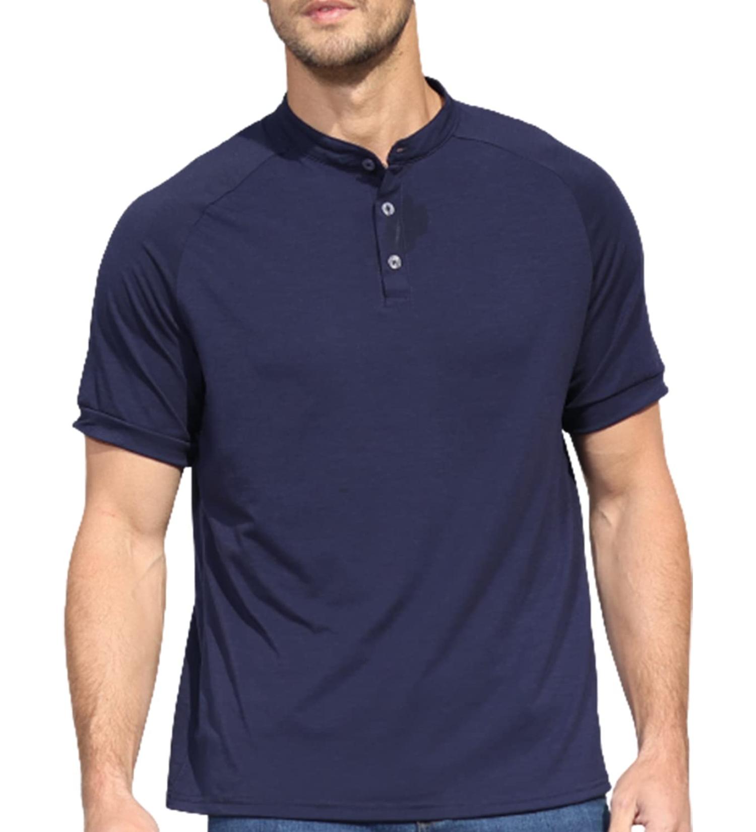 Blue Large Men's Casual Short Sleeve Henley Shirt | Fashion Button Up T-Shirt - Buy Online on GoSupps.com