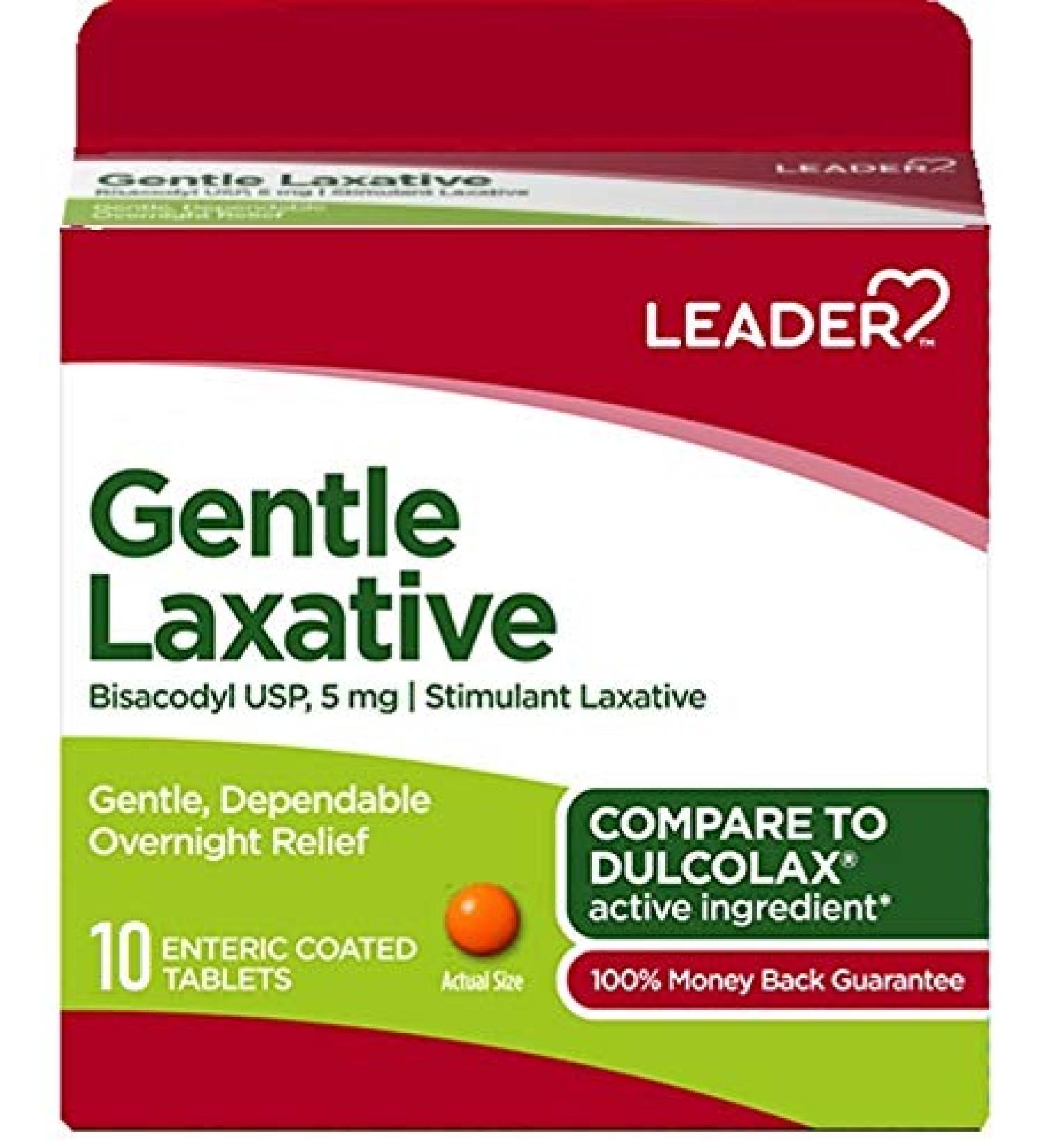 Leader Gentle Laxative Bisacodyl USP 5 mg 10 Enteric Coated Tablets