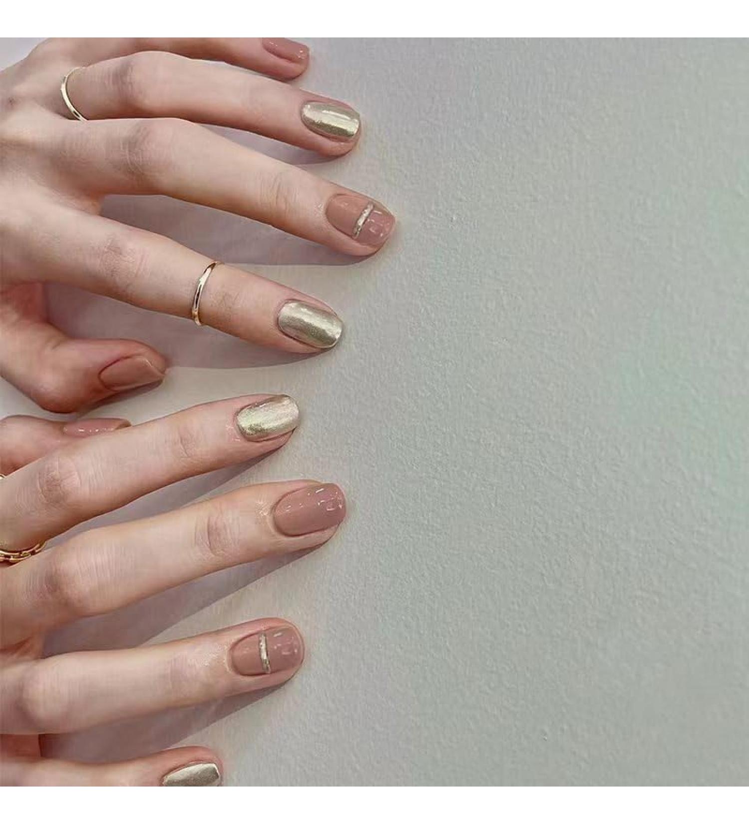 OKAQEE Nails Fake Nails Almond Solid Color Short Square False Nails with Glue (Nude Gold)