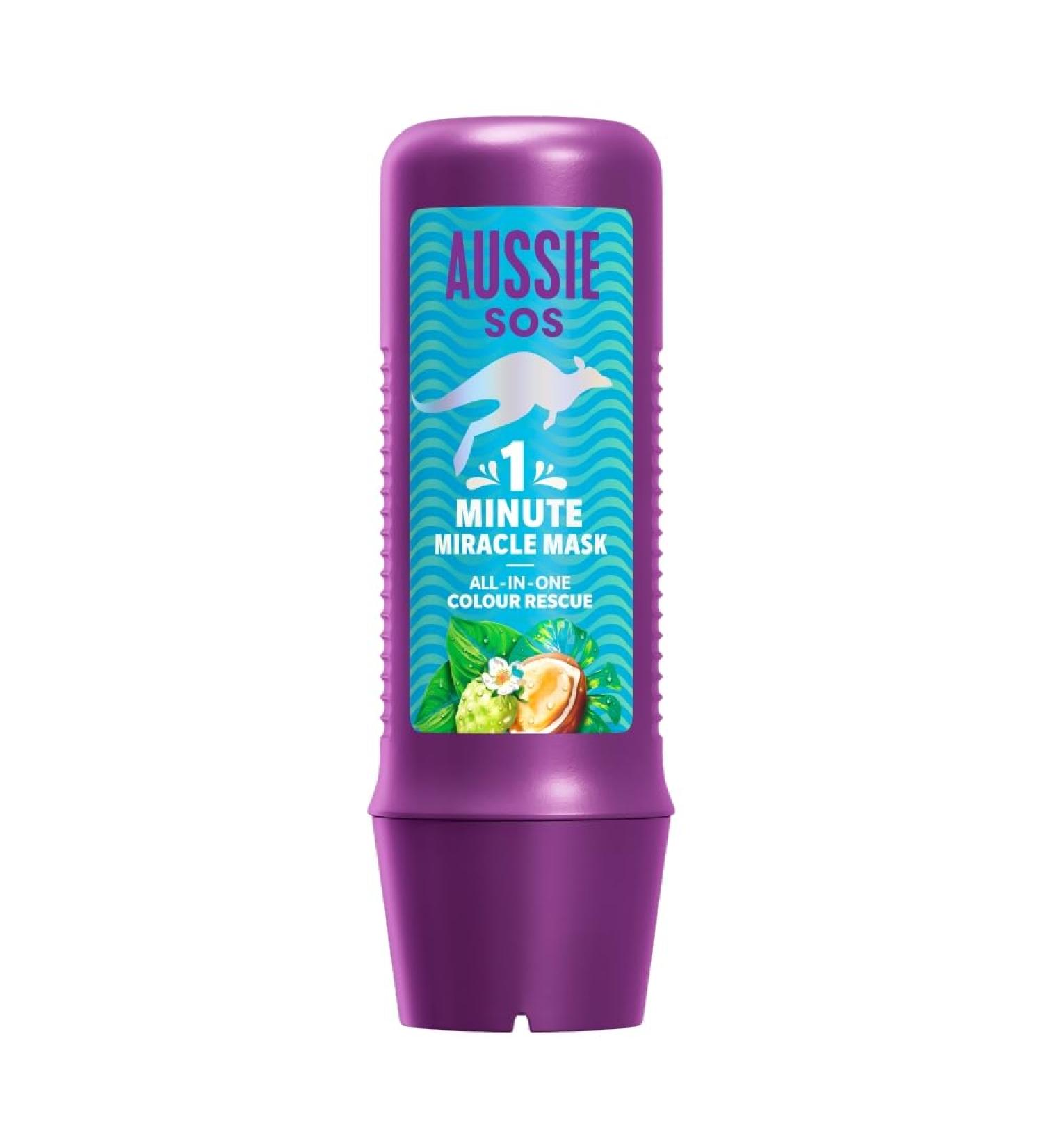 Aussie Aussie SOS 1 Minute Miracle All In One Colour Rescue Mask 250ml. Intensely nourishes dry and coloured hair. More shine light and softness for smooth soft hair.