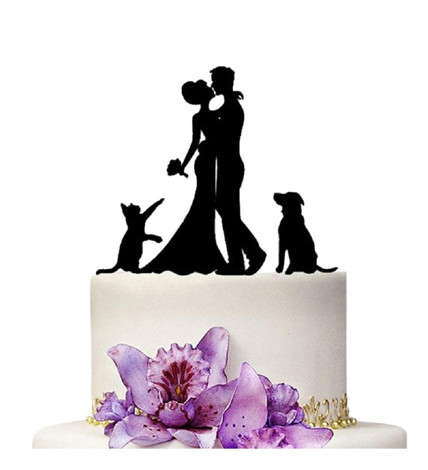 YAMI COCU Wedding Cake Toppers Bride and Groom Flower With Dog And Cat Animal Black Color Acrylic Silhouette Party Engagement Decoration