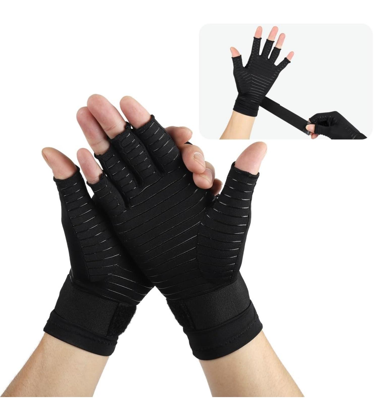 Arthritis Pain Relief Fingerless Gloves | Copper Fiber Compression & Adjustable Wrist Strap - Buy Online on GoSupps.com