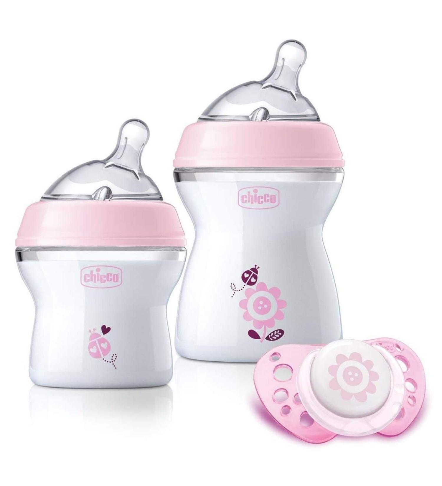 Chicco NaturalFeeling Gift Set - 2 Baby Bottles & Pacifier (0m+) - Pink - Premium Essentials for Newborns - Buy Online on GoSupps.com