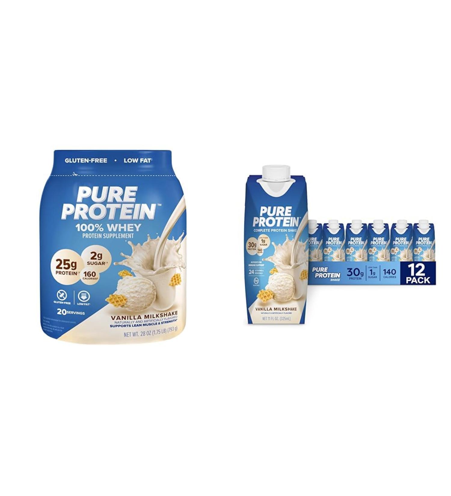 Pure Protein Powder Whey High Protein Low Sugar Gluten Free Vanilla Cream 1.75 lbs & Vanilla Protein Shake 30g Complete Protein Vitamins A C D and E Plus Zinc - Buy Online on GoSupps.com