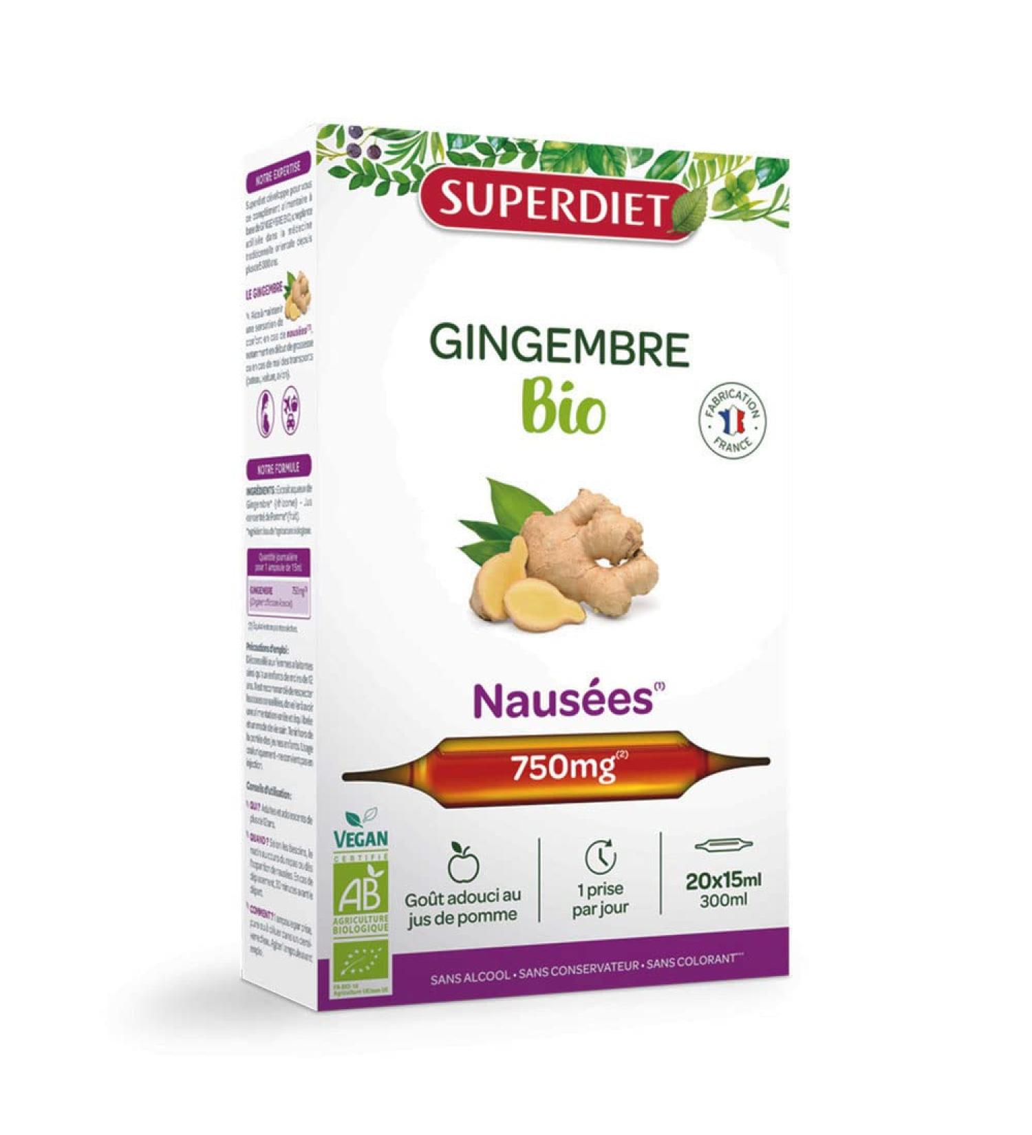 SUPERDIET - ORGANIC GINGER - Nausea Motion sickness Pregnancy -100% Pure juice - Made in France - 20 ampoules of 15 ml
