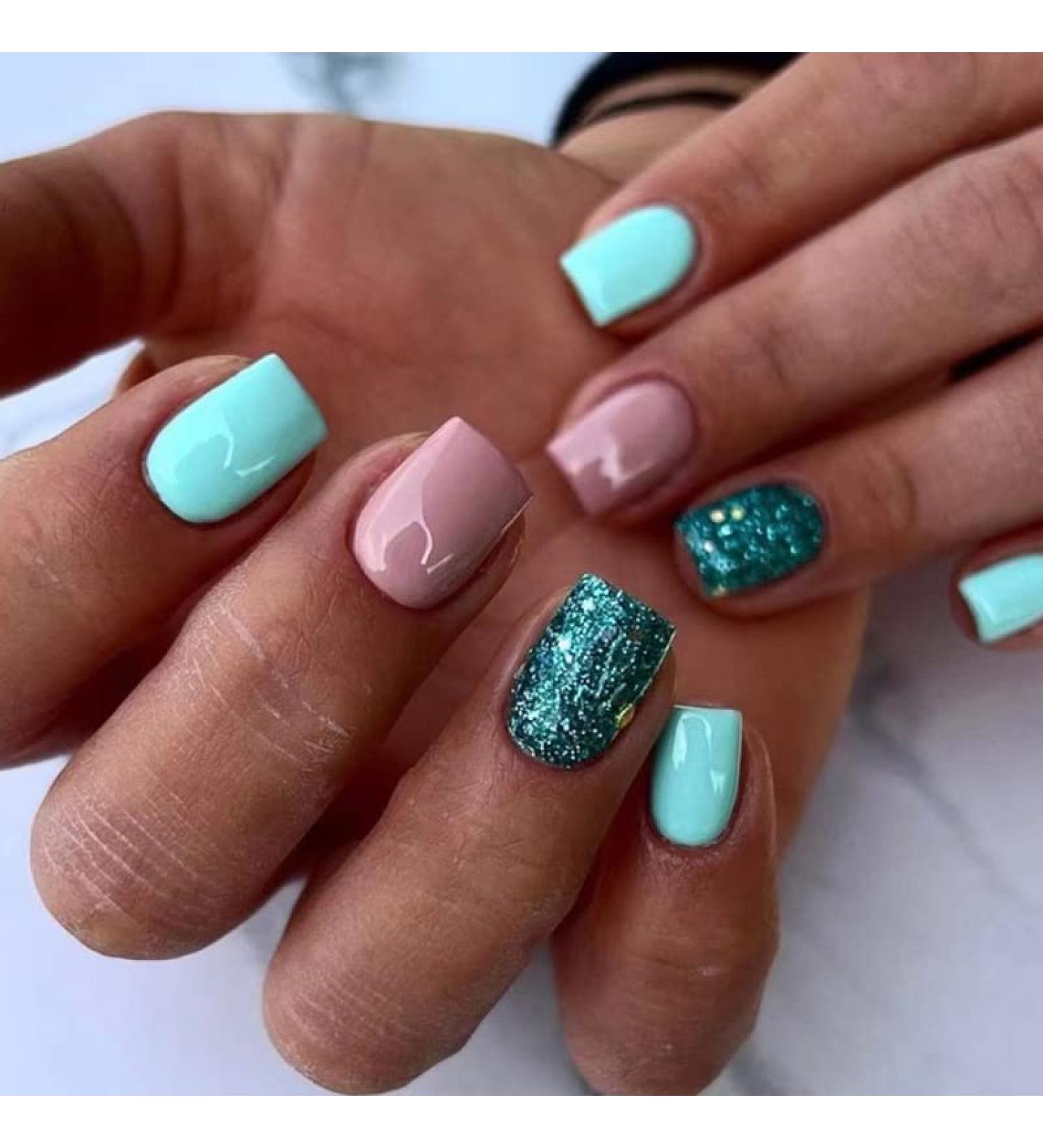 Mouyouglow Short Square Dark Nude Glitter Press On Nails | Full Cover Acrylic Fingernails with Nail Glue | Angular Natural Pink Blue Bling Design - Buy Online on GoSupps.com