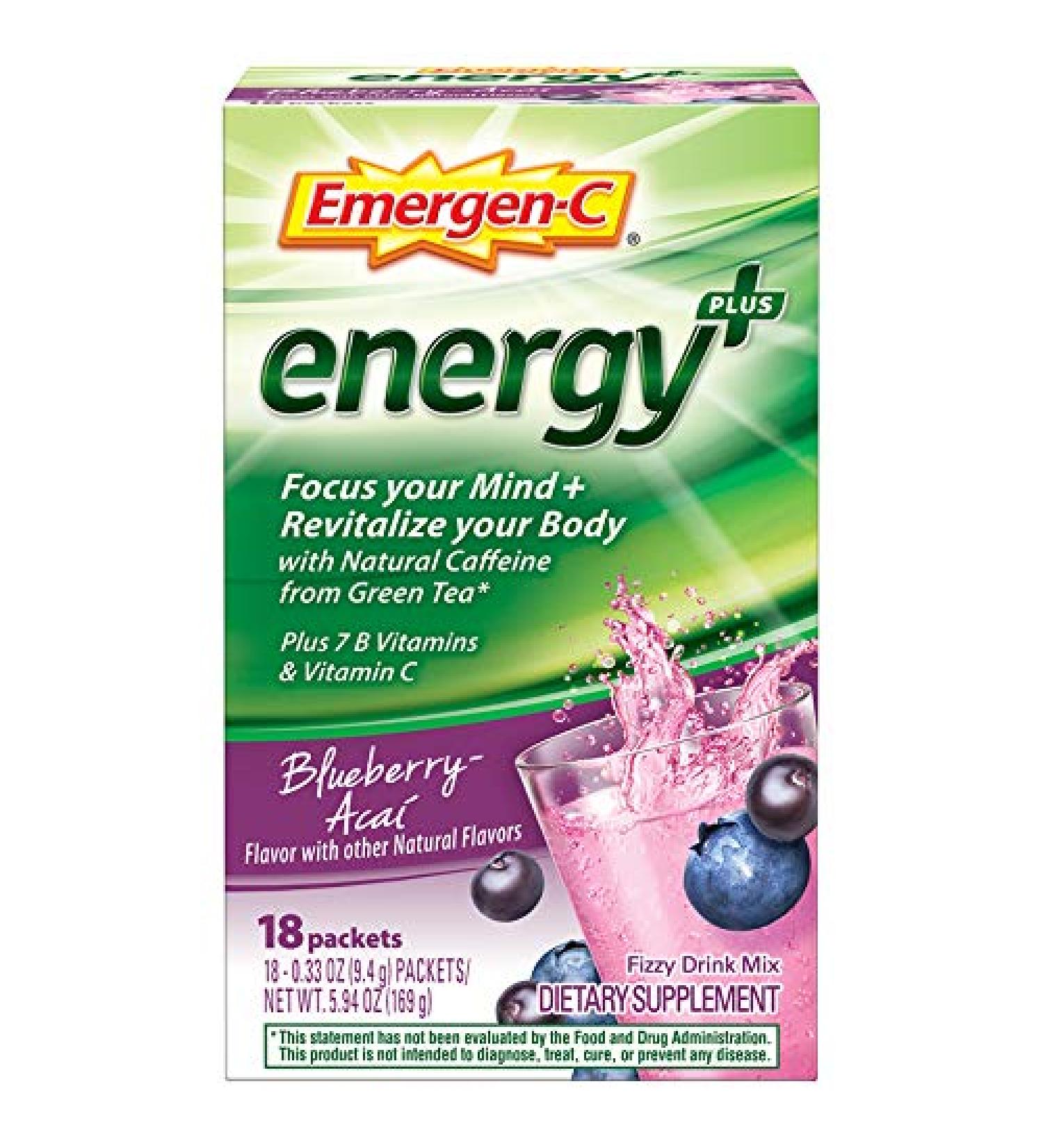 Emergen-C Energy+ Drink Mix - B Vitamins, Vitamin C & Natural Caffeine | Blueberry Acai Flavor (18 Pack) - Buy Online on GoSupps.com