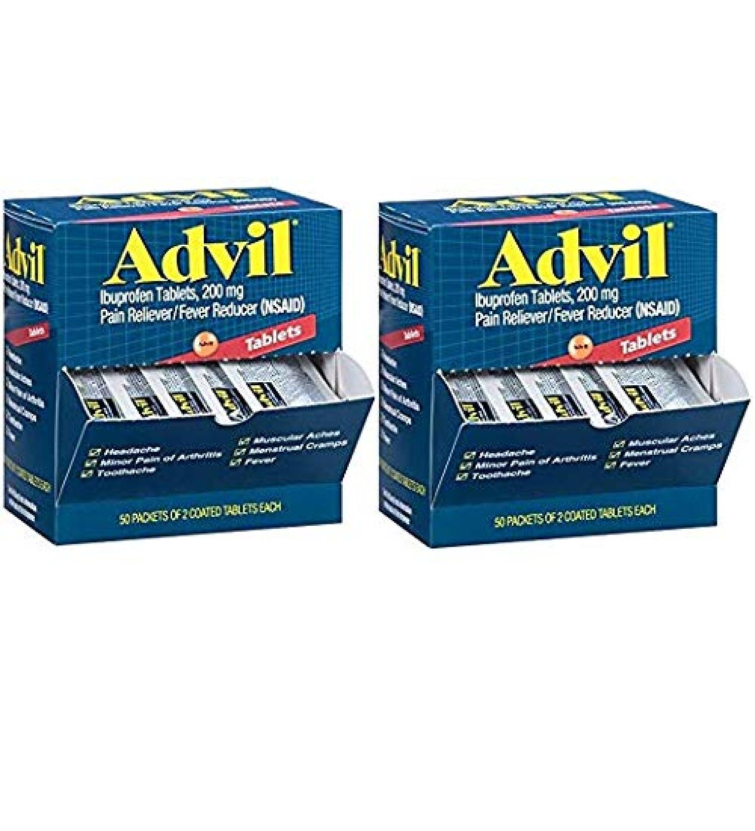 Advil (100 Packets of 2 Capsules) Pain Reliever/Fever Reducer Coated Tablet, Individually Sealed, 200mg Ibuprofen, Temporary Pain Relief, Travel Pack, Greeting Cards Included