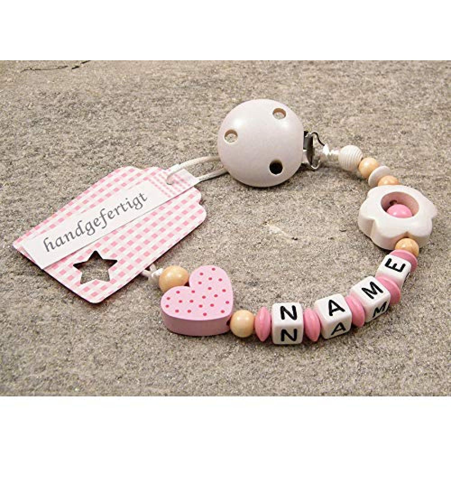 Personalized Pacifier Holder for Girls | Custom Baby Gift for Birth & Baptism | Pink Flower & Heart Name Necklace - Buy Online on GoSupps.com
