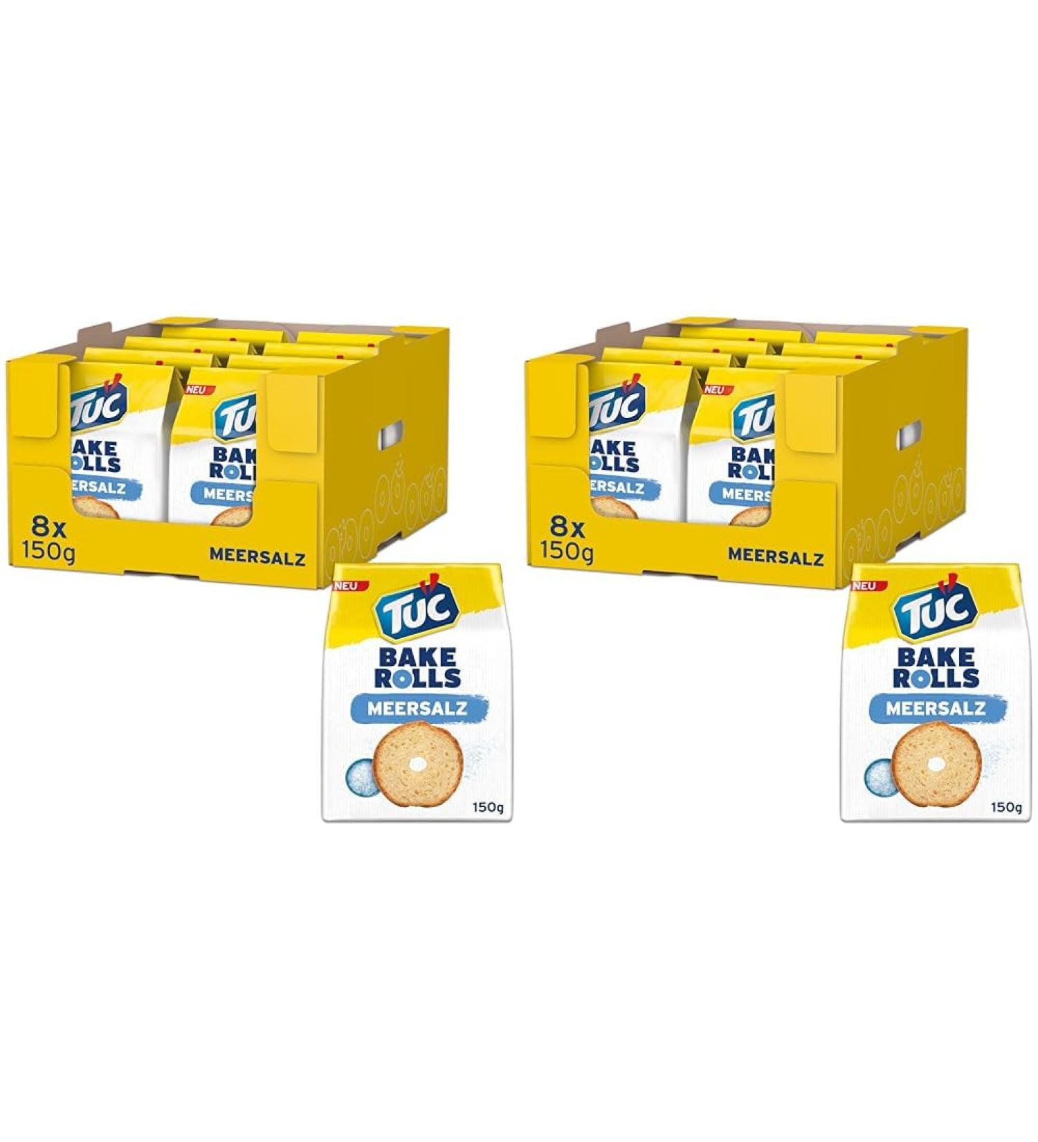 TUC Bake Rolls Sea Salt 8 x 150g I Crispy Bread Chips I Snack Chips Bulk Pack (Pack of 2) Sea Salt 150 g (Pack of 16)