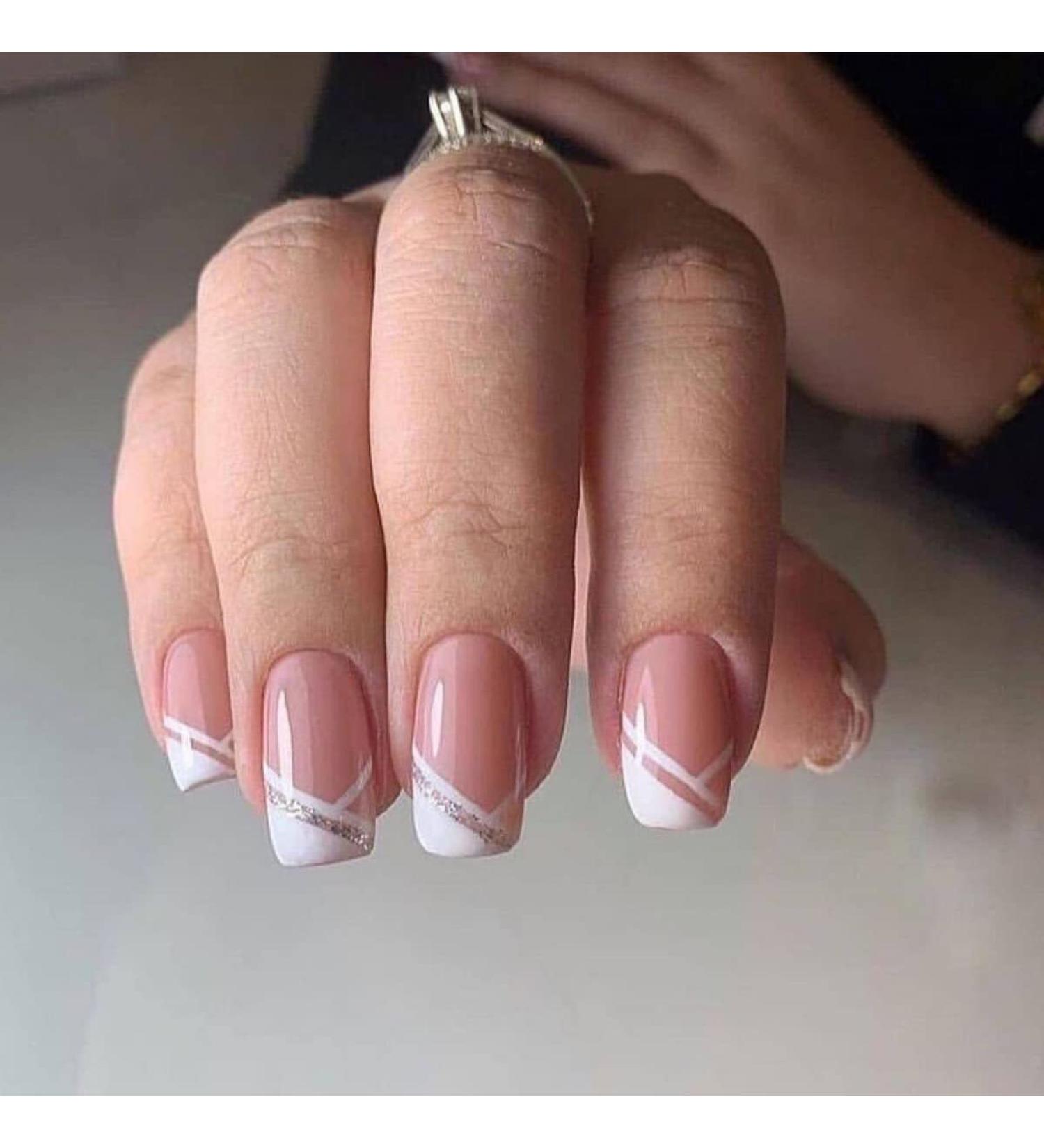 Justotry 24-Piece White Glitter Angular Press-On Nails - Short Geometric Fake Nails with Glue for Women - Buy Online on GoSupps.com