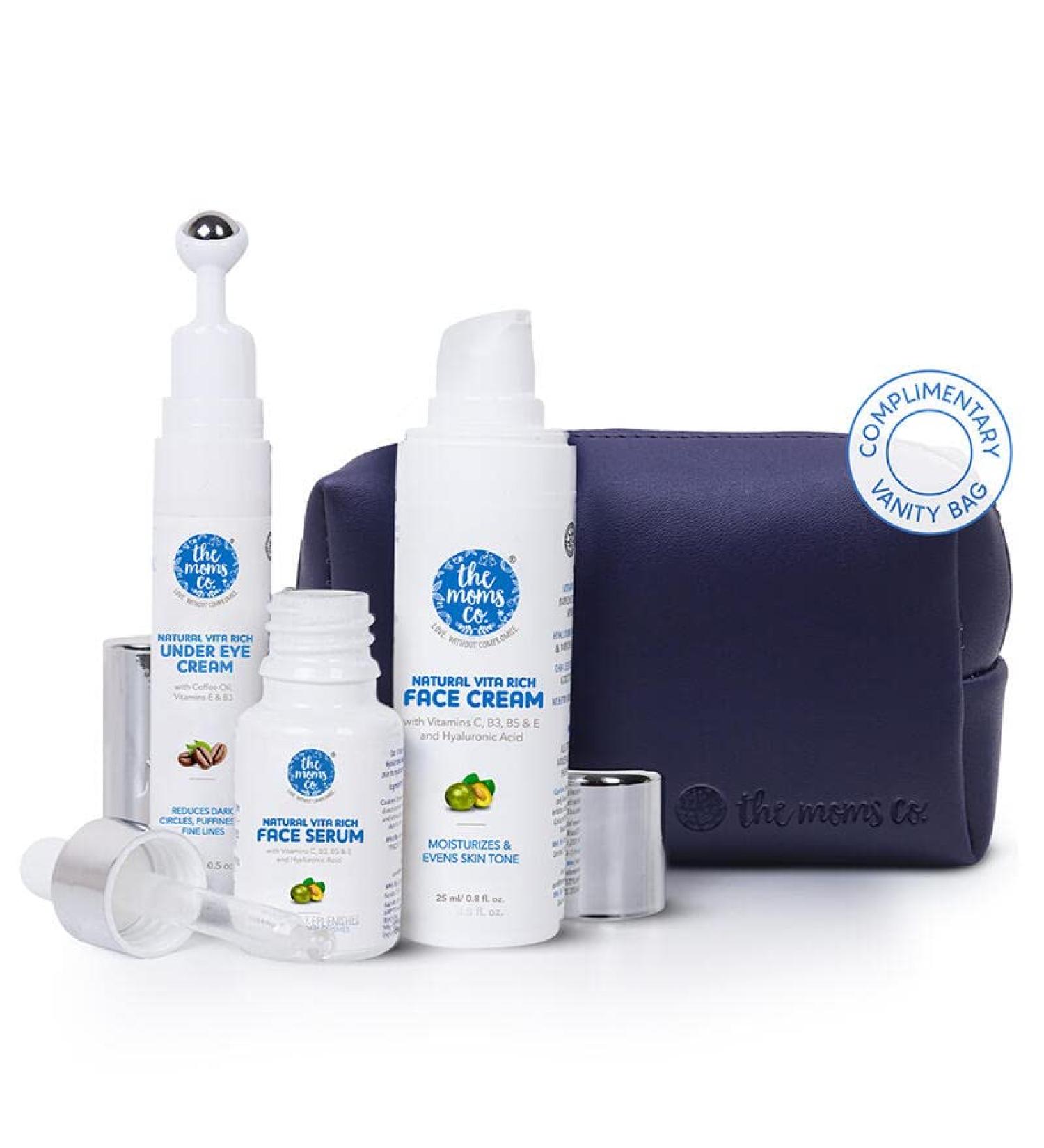 The Moms Co. 24 Hour Skincare Starter Kit With Natural Vita Rich Face Cream 25ml Vitamin C Face Serum 8ml And Under Eye Cream 15g - Buy Online on GoSupps.com