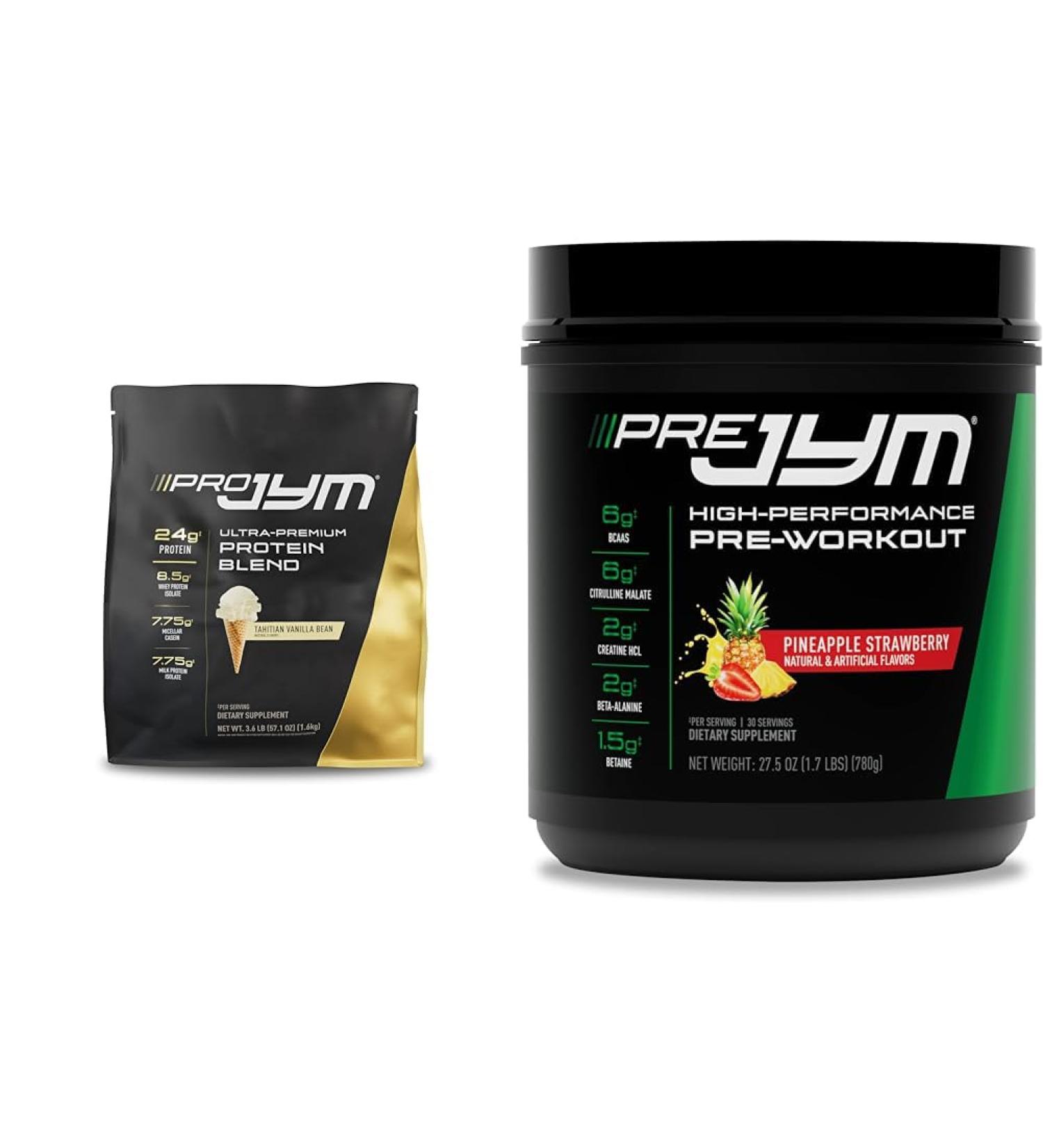 PRO JYM 45 Servings - Tahitian Vanilla Bean & PRE JYM 30 Servings - Pineapple Strawberry - Buy Online on GoSupps.com