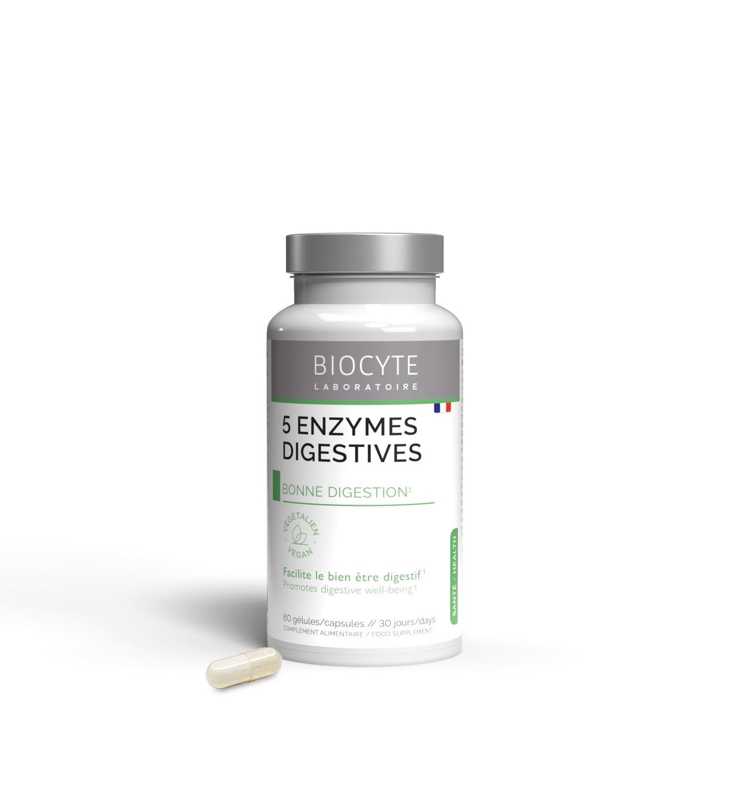 BIOCYTE 5 Digestive Enzymes - Food Supplement Digestion - Based on Amylase Cellulase Lactase Lipase Protease and Peppermint - 60 Capsules - 30 Days Taken - Buy Online on GoSupps.com