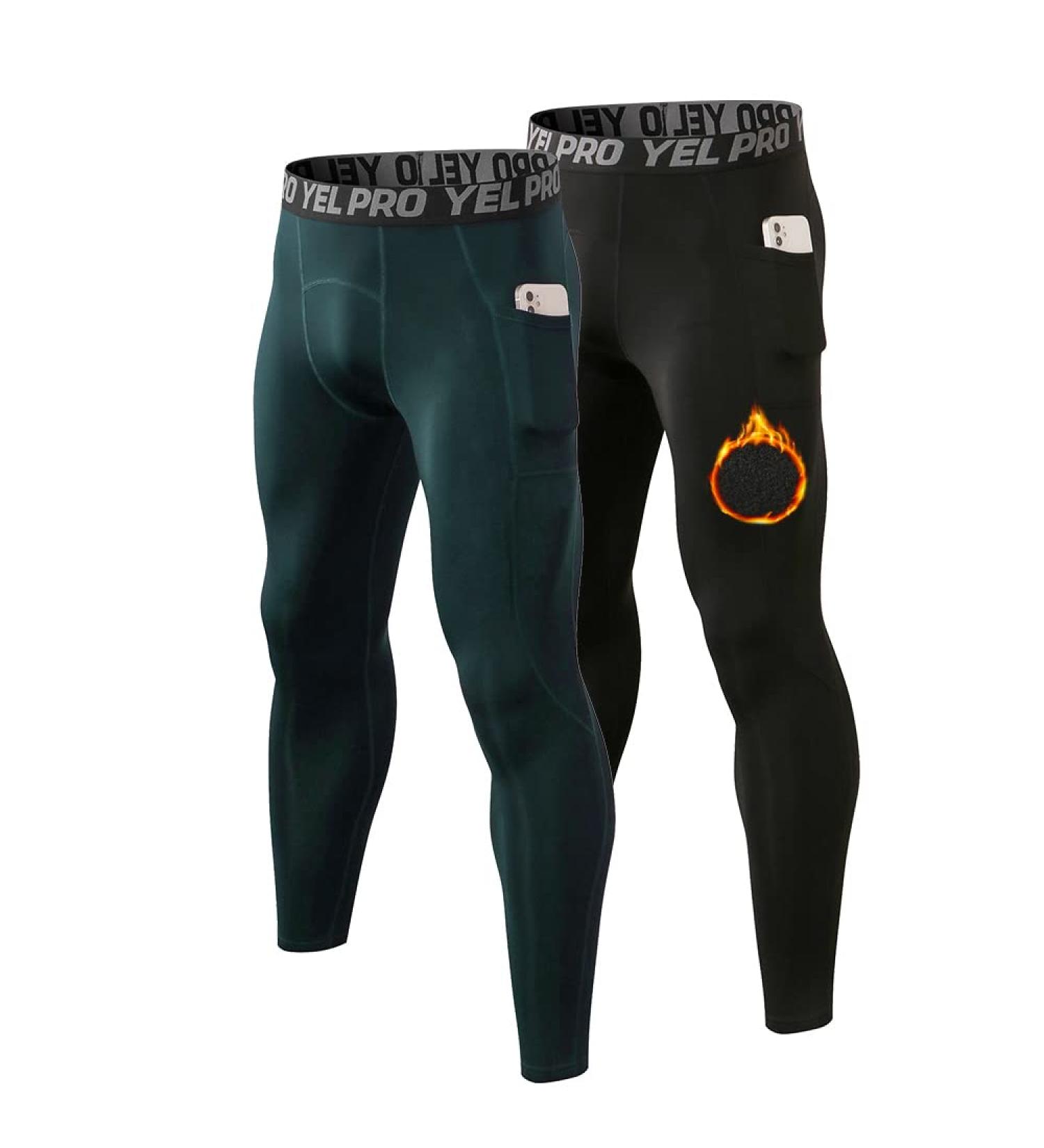 GAOQSEMG Men's Thermal Compression Pants with Pockets - Black/Dark Green - Medium - Buy Online on GoSupps.com
