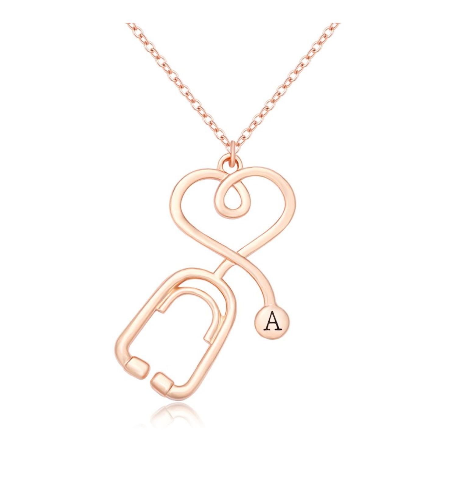 Rose Gold Stethoscope Heart Necklace - Personalized Initial Necklace for Doctors & Nurses - Buy Online on GoSupps.com
