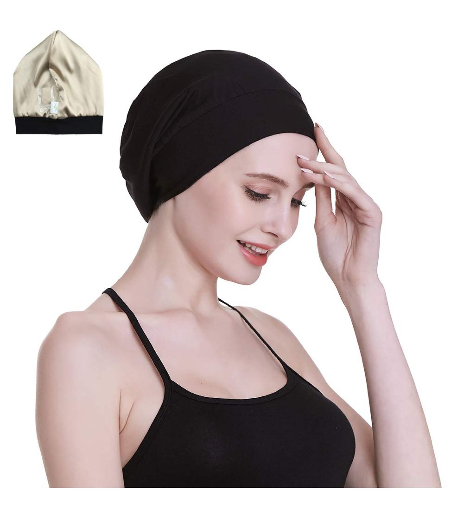 Satin Silk Lined Sleep Cap - 19MM Mulberry Silk & Bamboo Viscose - Black - Buy Online on GoSupps.com