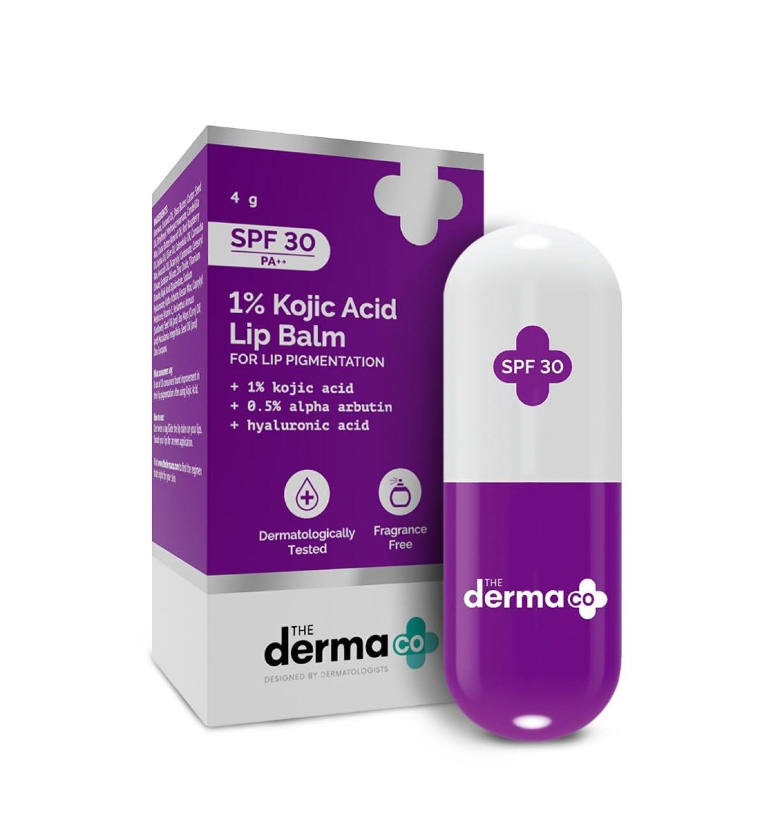 The Derma Co 1% Kojic Acid Lip Balm - Moisturizing SPF 30 Alpha Arbutin & Hyaluronic Acid for Dark Lips - Travel Friendly | 4g - Buy Online on GoSupps.com