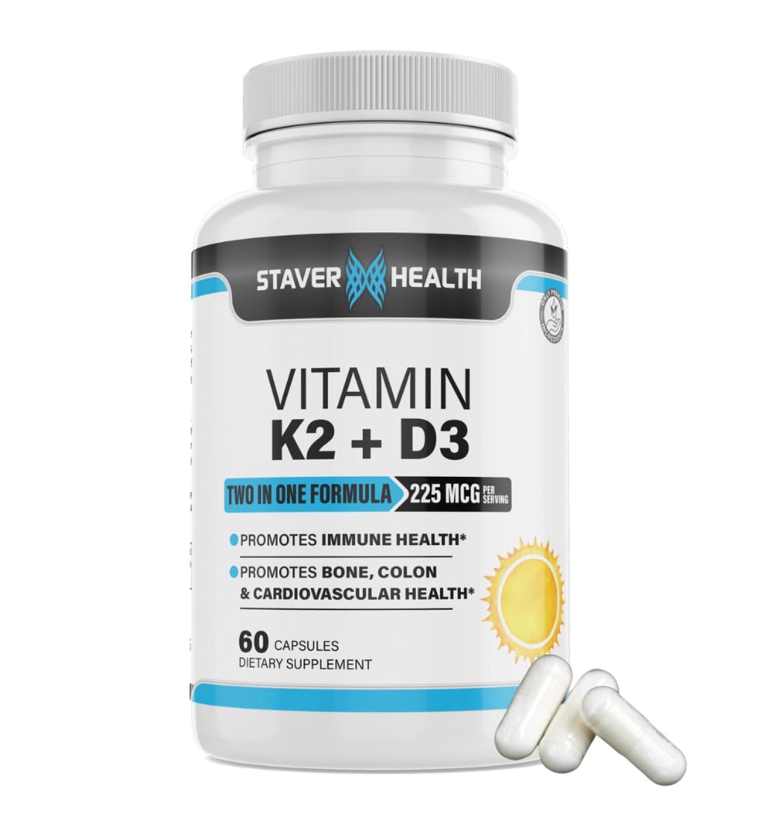 Staver Health Vitamin K2 D3 w/Calcium and Bioperine Vitamin K2 (MK7) with D3 Supplement Non-GMO Vitamin D3 Vitamin K2 MK-7 Easy to Swallow Vitamin D & K Complex 60 Capsules - Buy Online on GoSupps.com