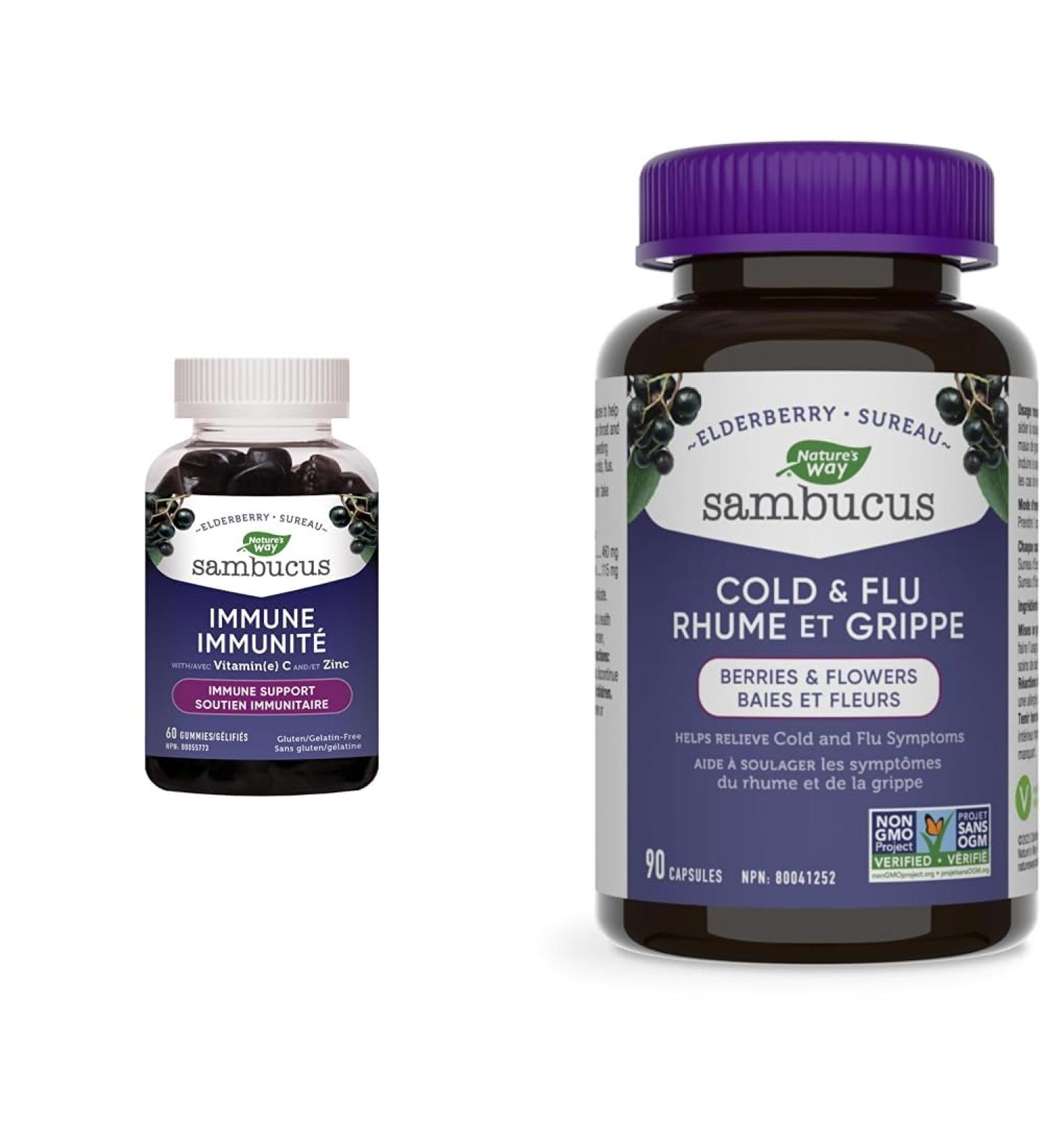 Nature's Way Sambucus Immune Original Cold and Flu Care Elderberry Gummies & Sambucus Elderberry Cold and Flu Care Capsules 90 Vegetarian Capsules Non-GMO Project Verified - Buy Online on GoSupps.com
