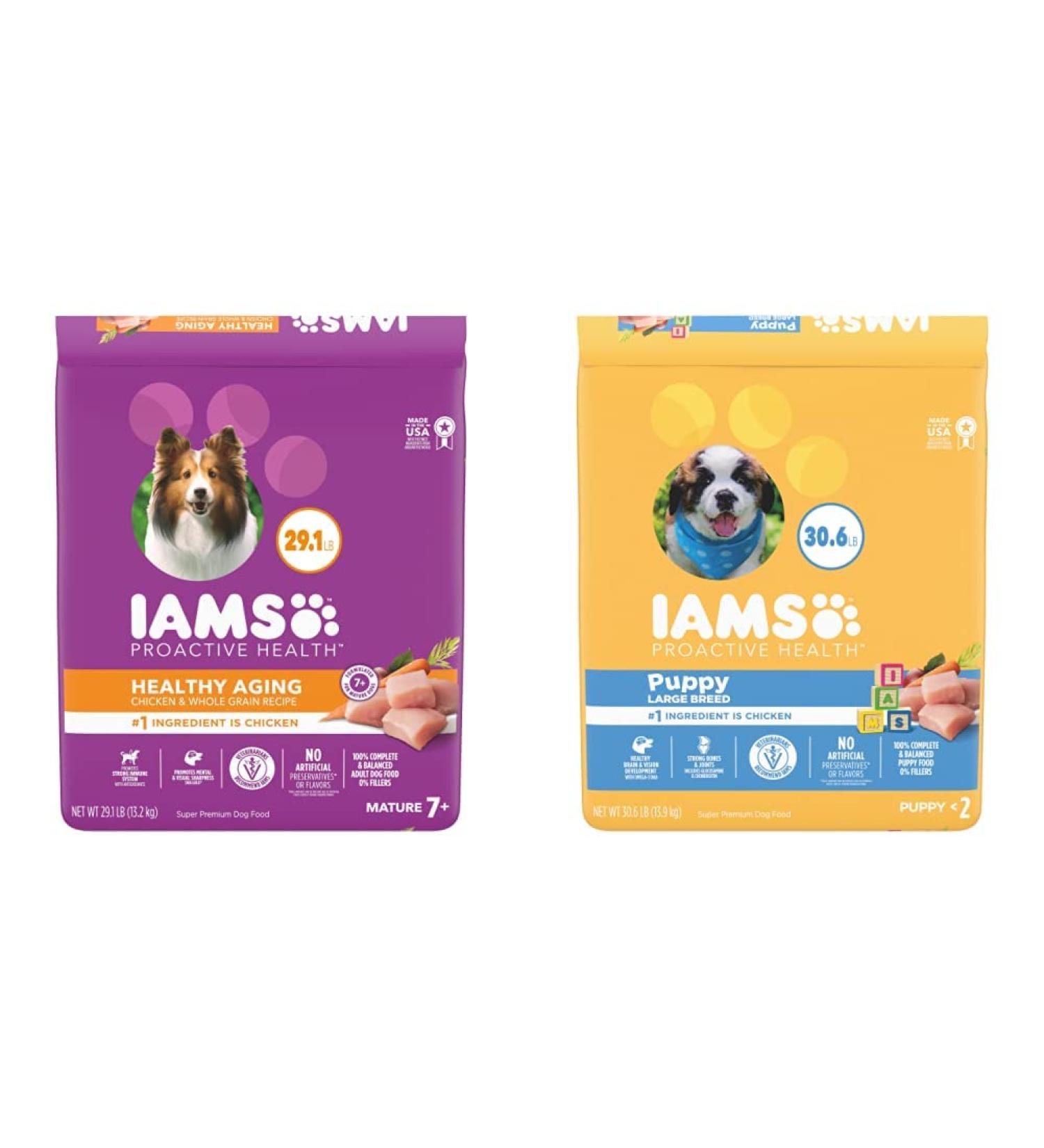 IAMS Proactive Health Dry Dog Food Adult Mature (7+) + IAMS Puppy Large Breed Dry Dog Food 13.2 kg (Pack of 1) Dog Food + Chicken and Whole Grains - Buy Online on GoSupps.com