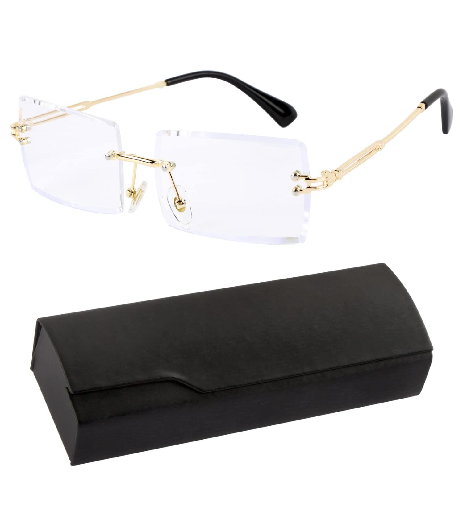 Relyer Decorative Rectangle Glasses with Black Case | Retro Frameless Transparent Lens for Men & Women - Buy Online on GoSupps.com