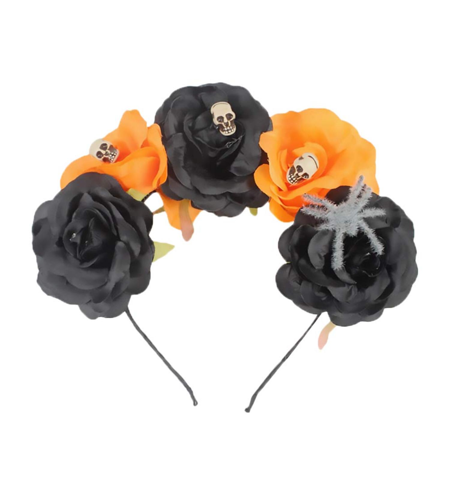 Halloween Flower Headband Spider Skull Day of Dead Mexican Flower Crown Hair Hoop Headpiece Halloween Party Costume Girls Black + Orange - Buy Online on GoSupps.com