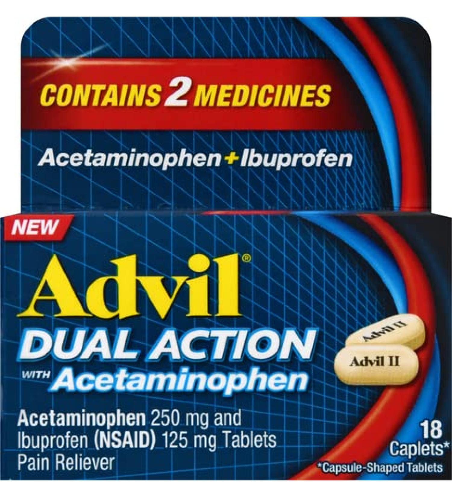Advil Dual Action with Acetaminophen combination of 250mg Ibuprofen and 500mg Acetaminophen Coated Caplets for 8 hours of pain relief 18 Caplets 5.41 Fl oz