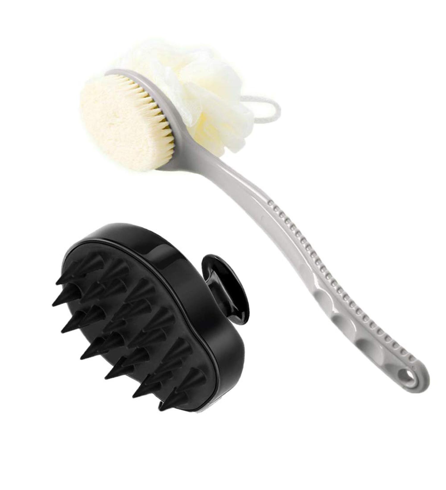Long Handle Shower Back Scrubber with Bristle, Loofah, and Scalp Massager - Gray - Buy Online on GoSupps.com