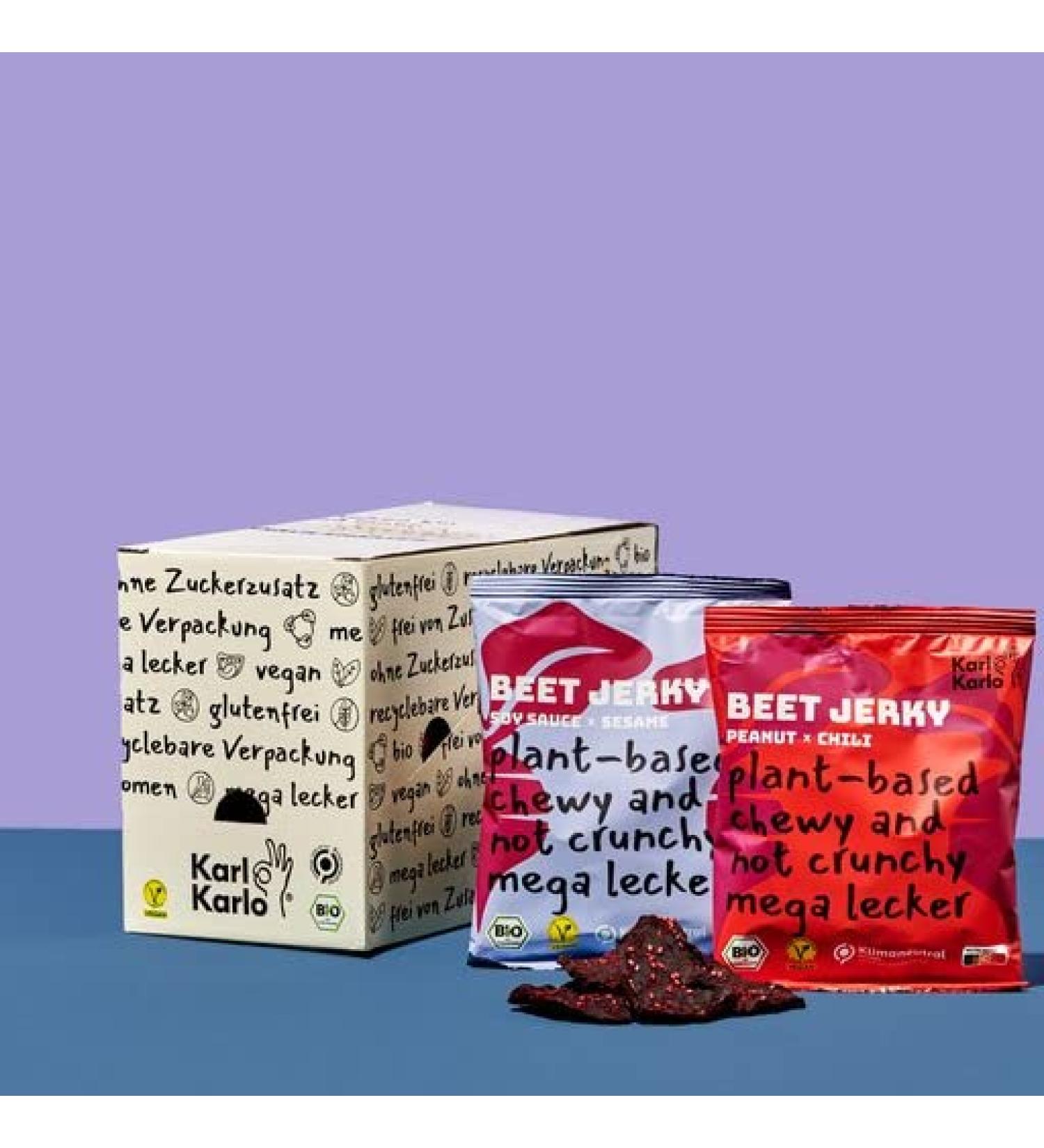 Karl Karlo Vegan Beet Jerky - Natural Plant-Based Snack | Peanut-Chilli & Soya Sesame | Made in Europe | 8 Pack of 40 Pieces - Buy Online on GoSupps.com