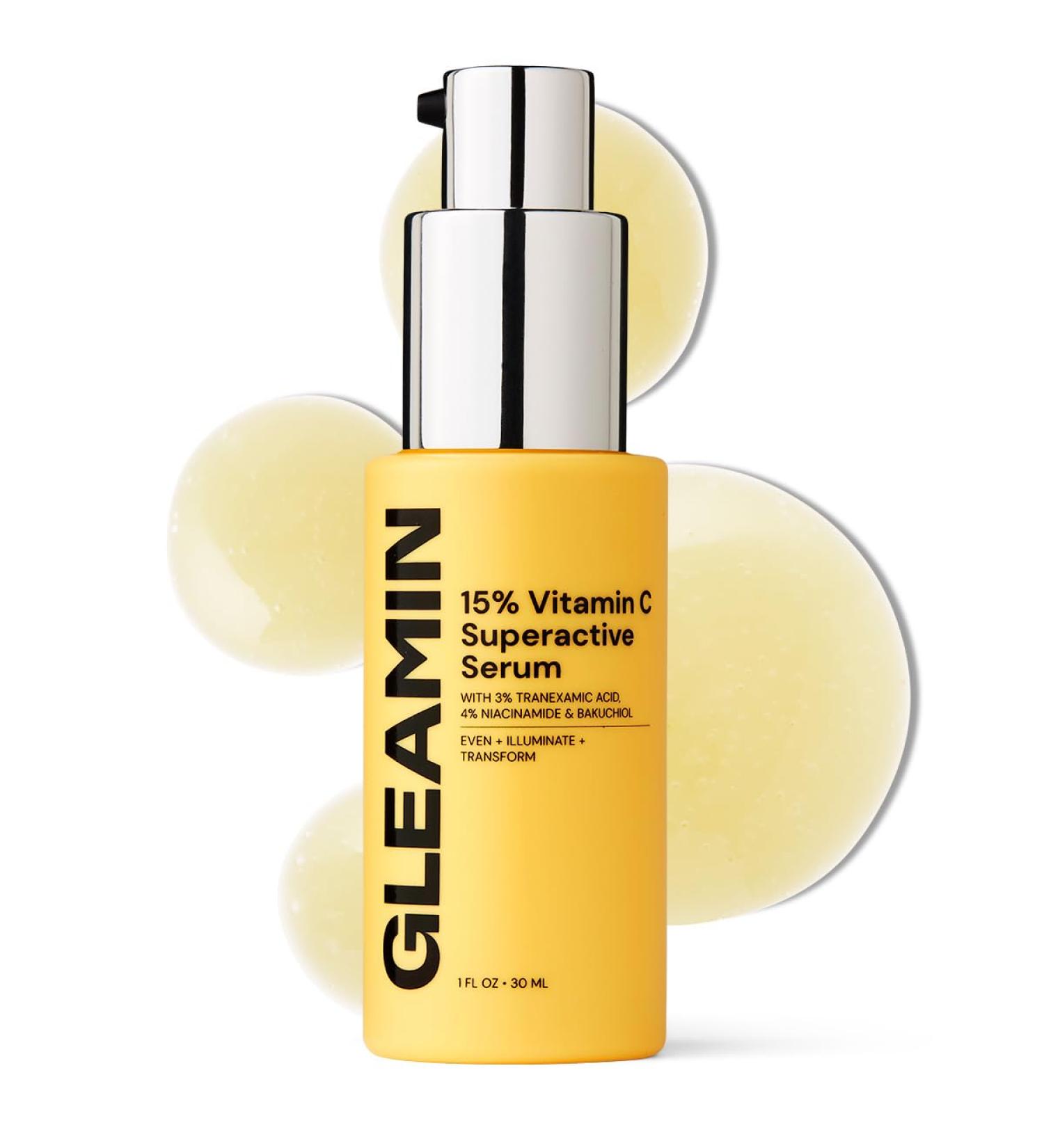 Gleamin 15% Vitamin C Serum - Brightening & Texture Improvement with Tranexamic Acid Niacinamide Bakuchiol | Fragrance Free - 1 FL OZ - International Shipping Available - Buy Online on GoSupps.com