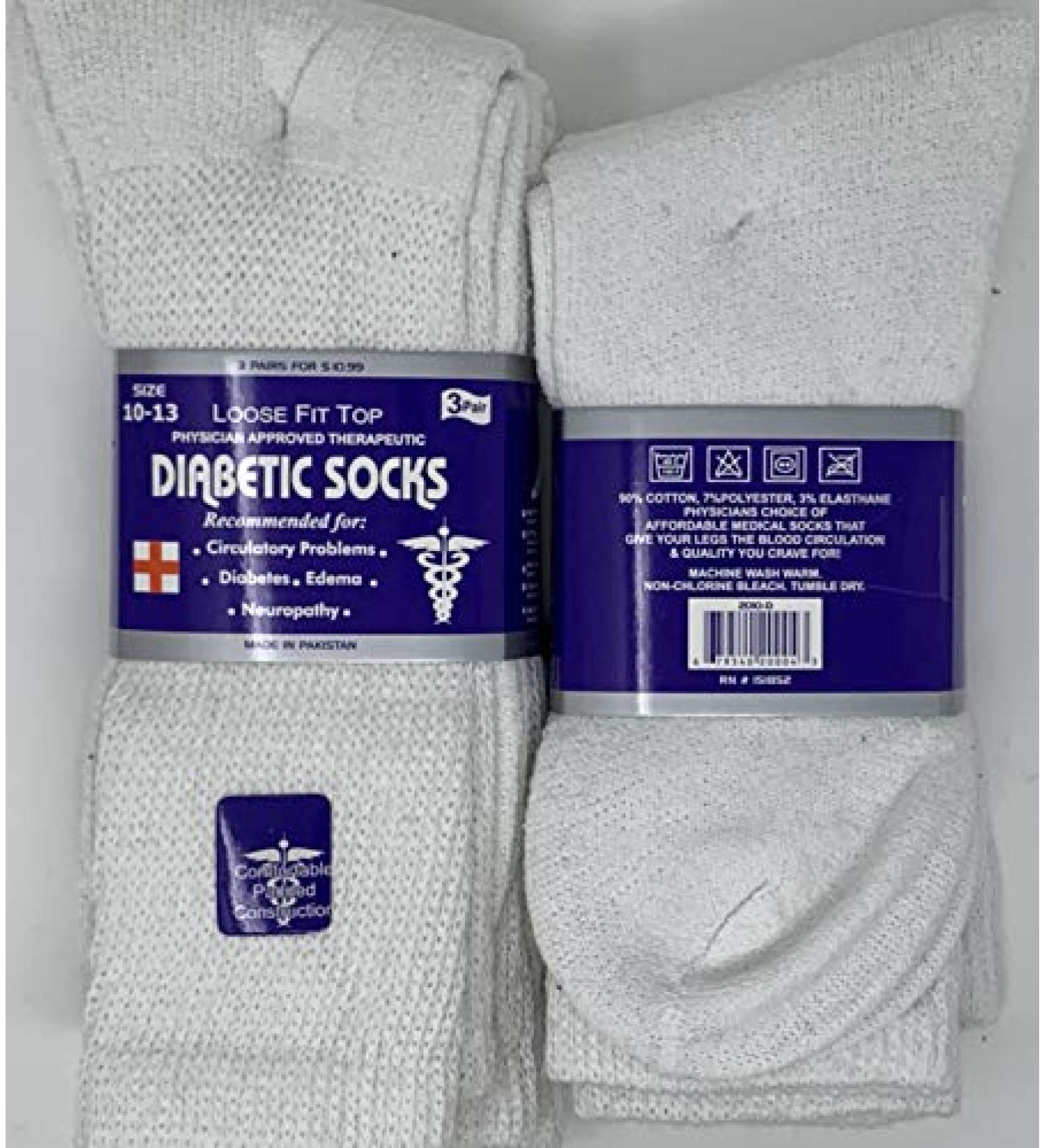 6 pair Diabetic Socks Mens size 10-13 White Crew shoe size 7-11.5