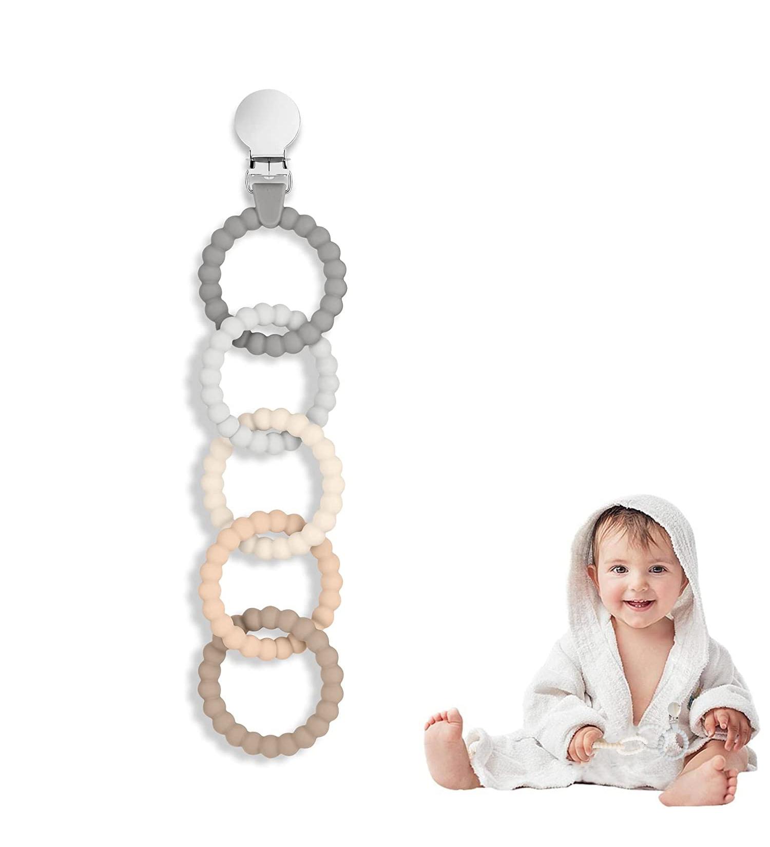 Silicon Bite Ring Baby Toys & Silicone Pacifier Clip - Safe Teething Toys for 3+ Months Toddlers (Gray) - Buy Online on GoSupps.com