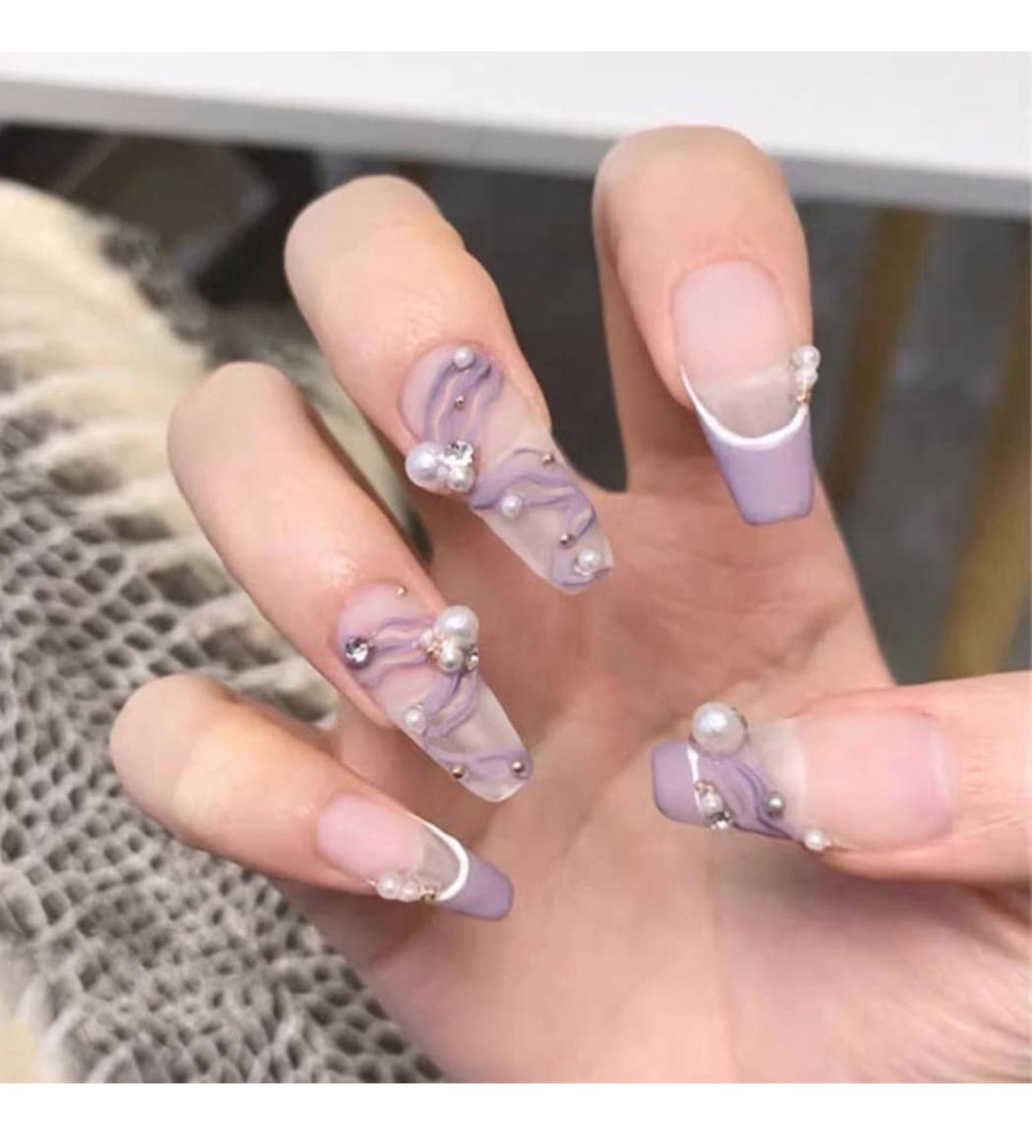 Sethexy Long Coffin Ballerina False Nails - 24 Matte Purple Sparkle Acrylic Nail Tips for Women & Girls - Buy Online on GoSupps.com