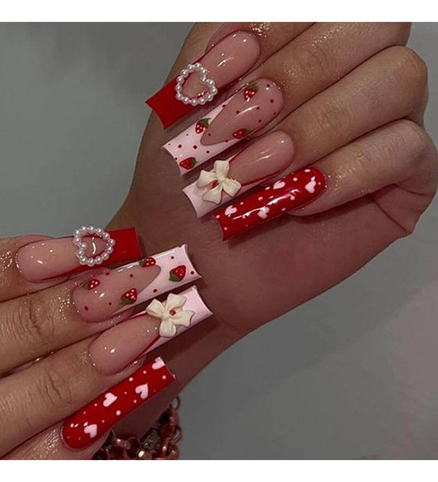 24Pcs Press on Nails Long French Tips Fake Nails Acrylic False Nails Summer Reusable Square Artificial Nails for Women Girls - Buy Online on GoSupps.com