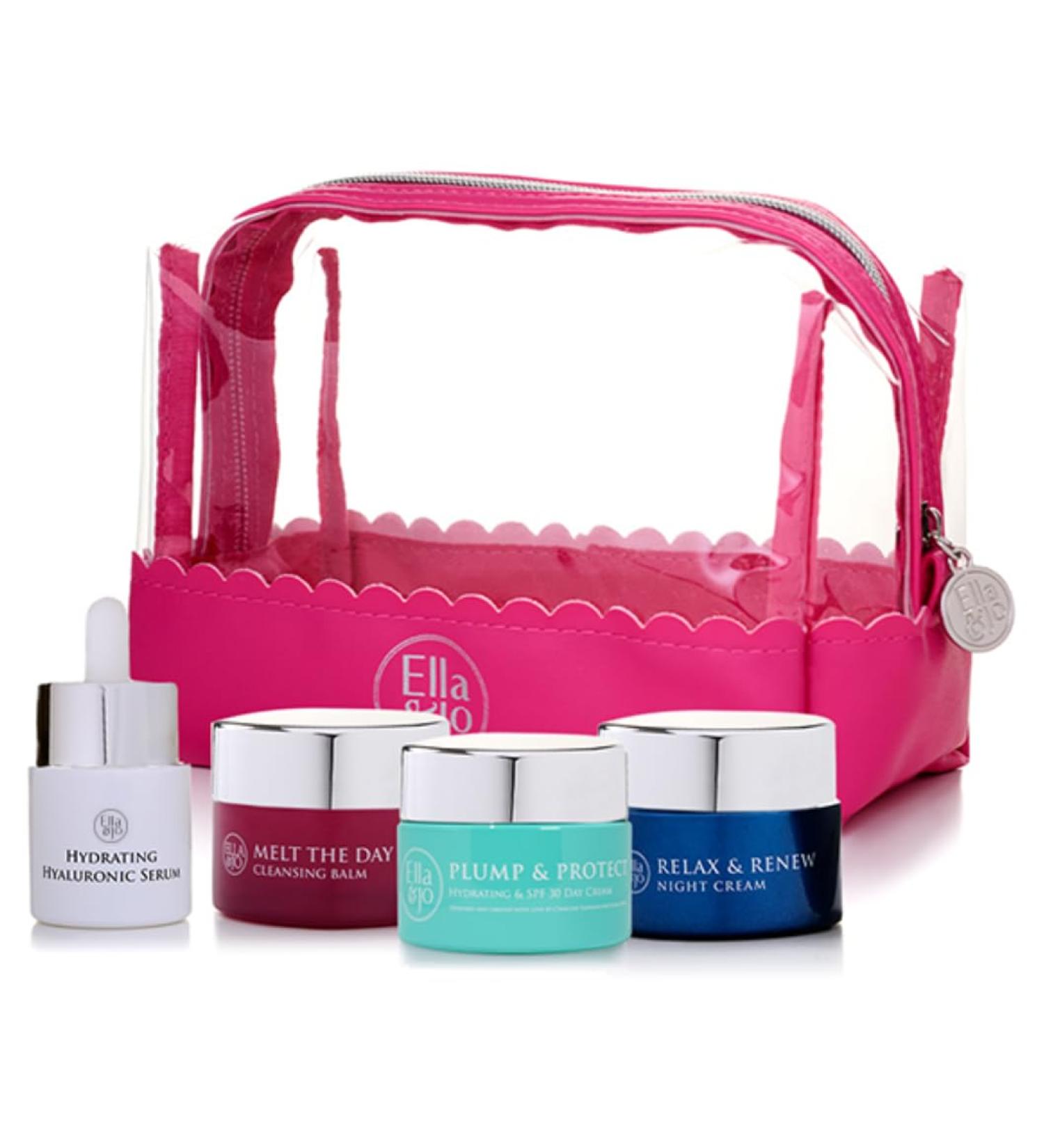 ELLA & JO Travel Size Skin Care Set: Mini Routine for Glowing Skin On-the-Go. Includes: Cleansing Balm Hyaluronic Serum SPF 30 Moisturiser Night Cream (15ml) and Luxury Travel Bag - Buy Online on GoSupps.com