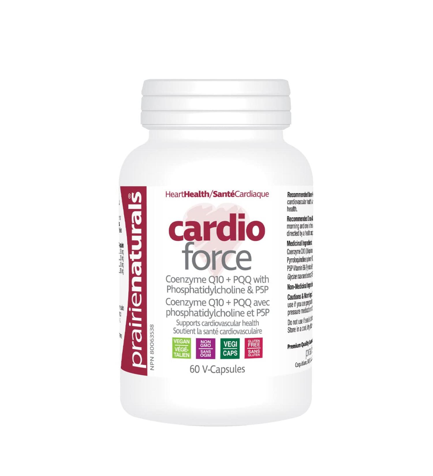 Prairie Naturals Cardio-Force 60 Vegan Capsules Cardio Health Mitochondrial Support CoQ10 and PQQ improve energy to heart muscle P-5-P active vitamin B6 Phosphatidylcholine helps with absorption of CoQ10 support cardiovascular health. - Buy Online on GoSupps.com