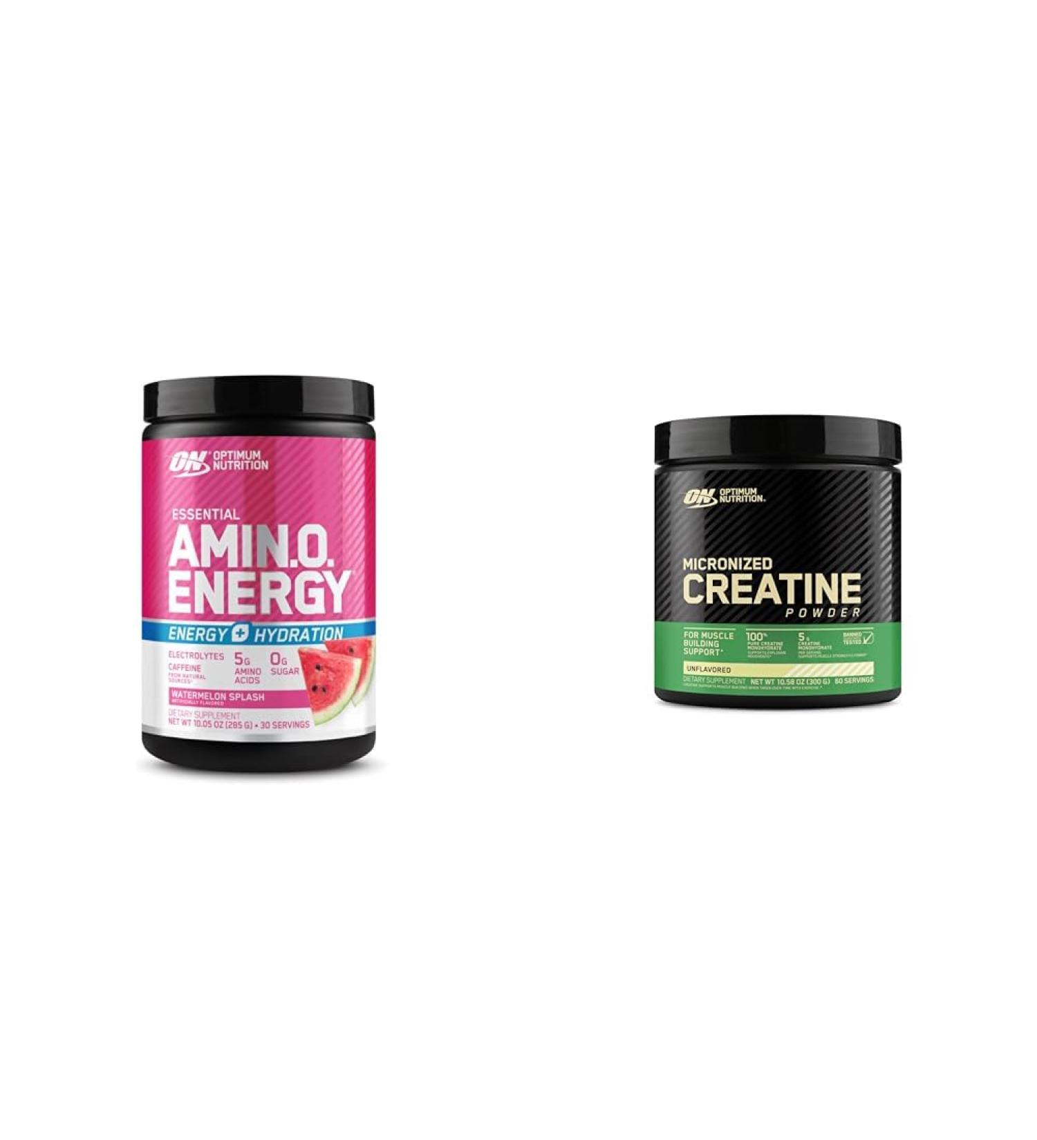 Optimum Nutrtion Bundle: Amino Energy Powder Plus Hydration with BCAA Electrolytes and Caffeine Watermelon Splash 30 Servings + Micronized Creatine Monohydrate Powder Unflavored 60 Servings - Buy Online on GoSupps.com