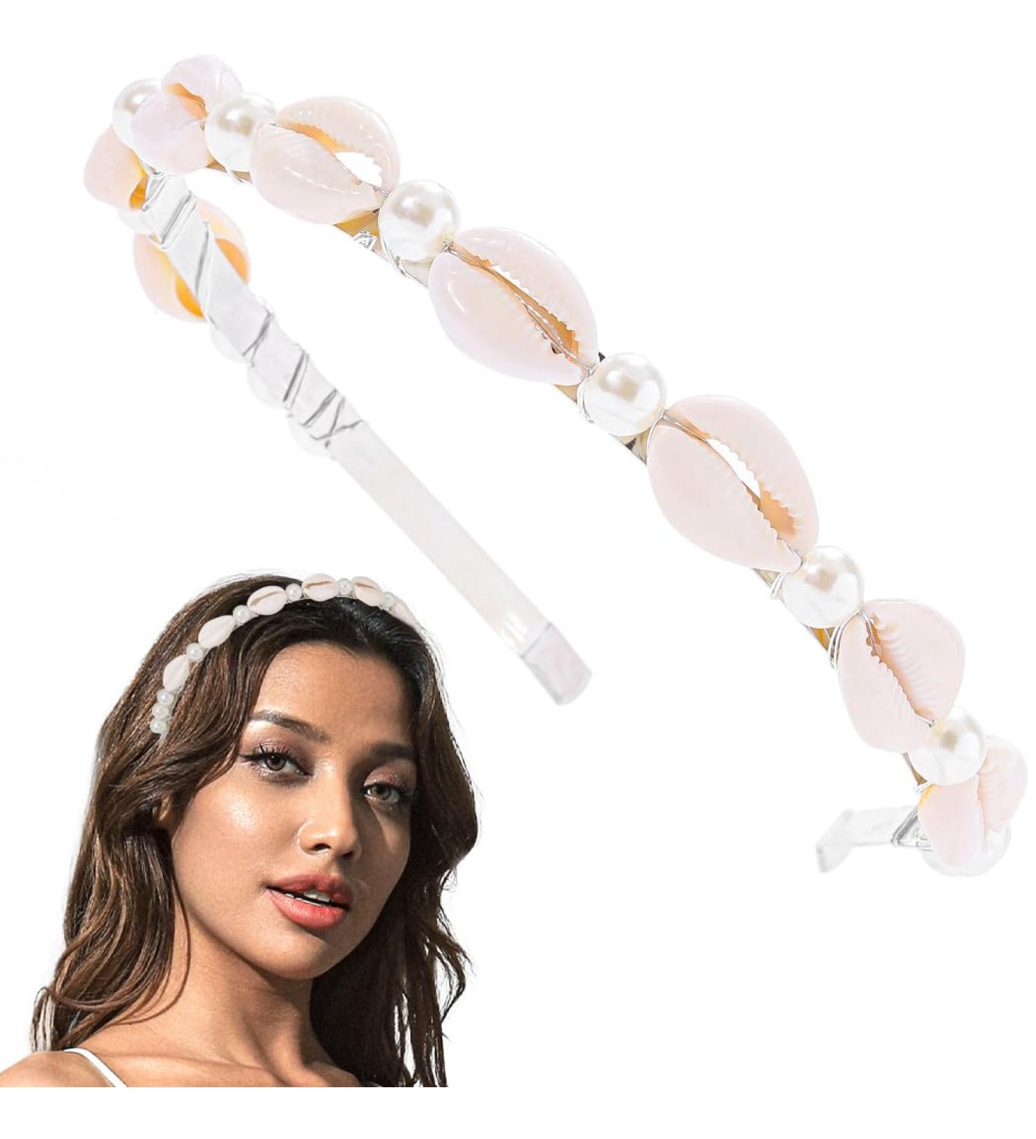 Flayem Pearls Shell Headband Silver Narrow Mental Hair Band Beach Wedding Holiday Bridal Hair Hoop for Women and Girls (White Pearls) - Buy Online on GoSupps.com
