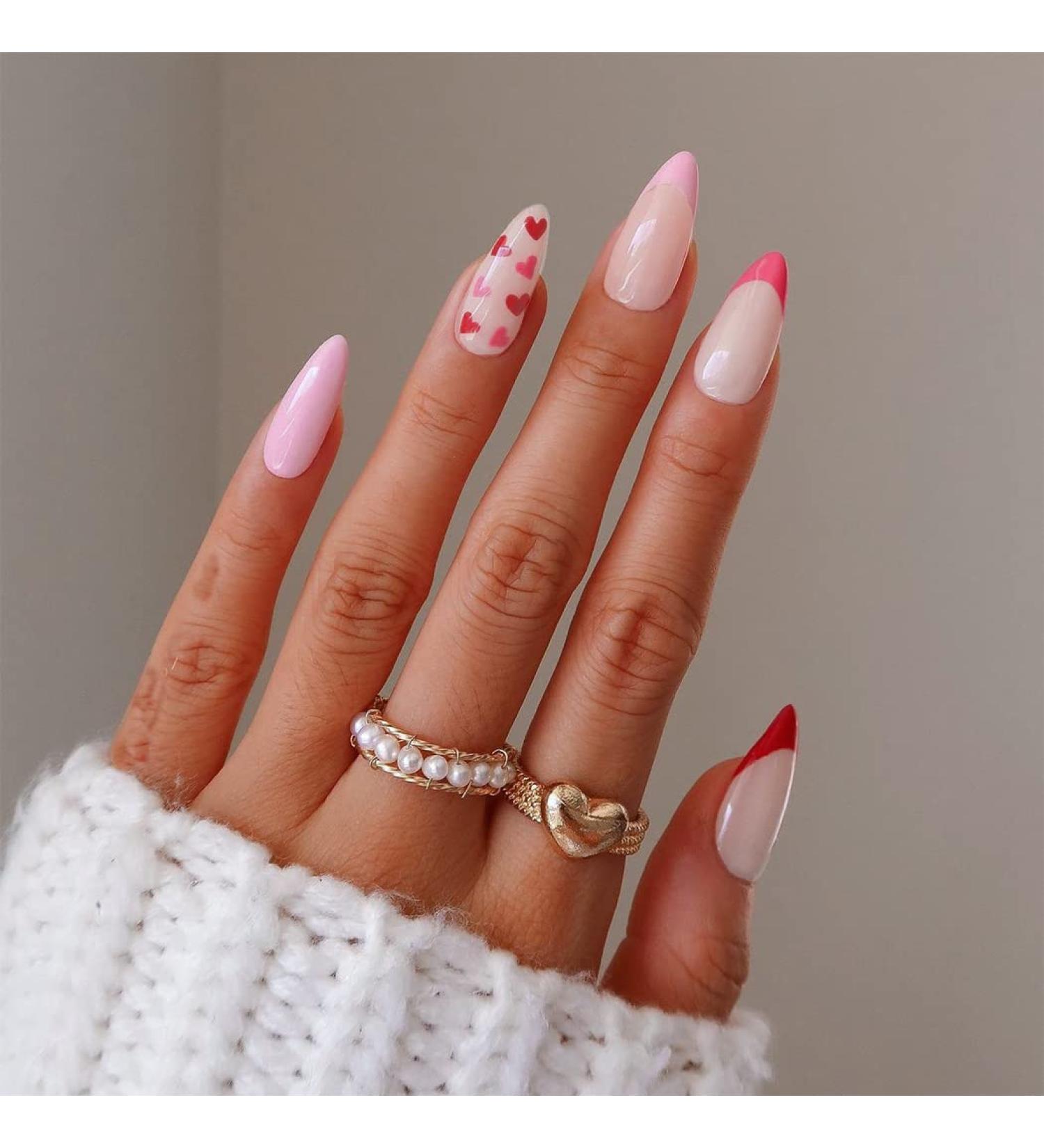 Sethexy Valentine Mandel False Nails - Pink Heart Press-On Acrylic Nails for Women & Girls | 24PC Love Heart Fingernails - Buy Online on GoSupps.com