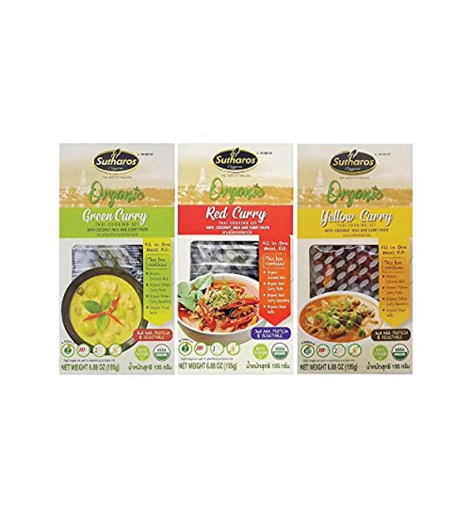 Sutharos Organic Thai Curry Sampler Set - Green, Yellow, Red Curry | Gluten-Free, Plant-Based, Vegan & Vegetarian Meal Kits with Herbs, Spices, Curry Paste, and Coconut Milk (Pack of 3) - Buy Online on GoSupps.com