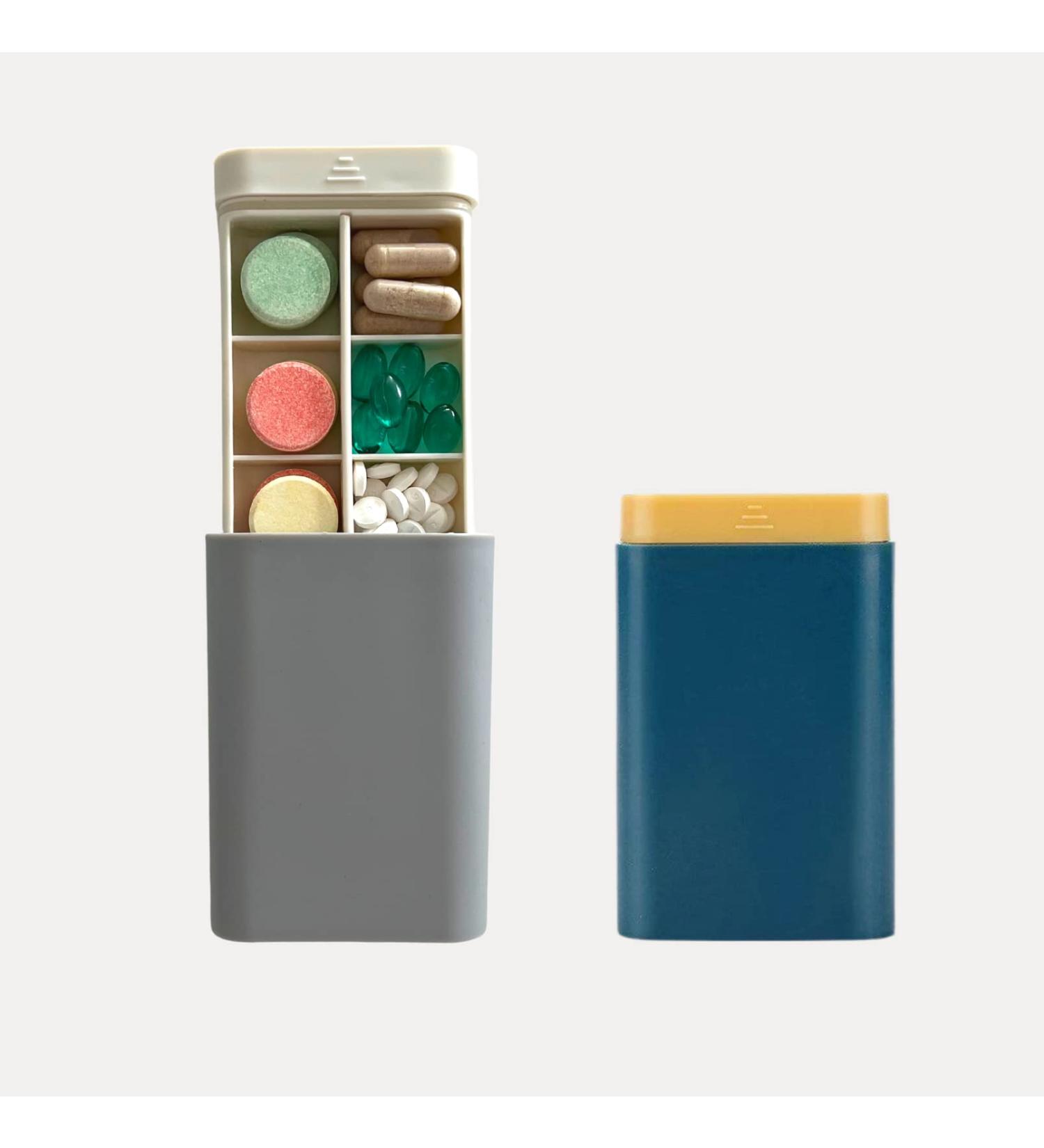 PALO Pill Box Case - Compact Waterproof Organizer for Pills Vitamins & Supplements - 6/3 Compartments - Stylish Peacock Blue/Mustard - Perfect for Handbag & Travel - Buy Online on GoSupps.com