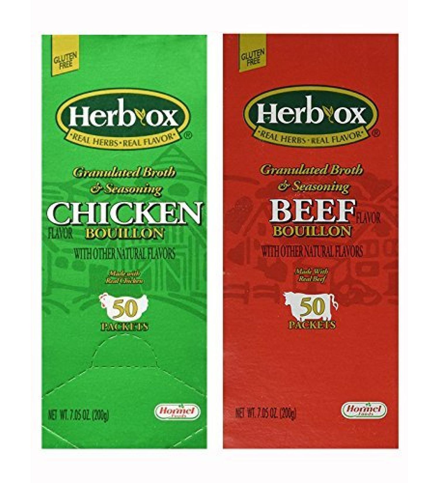 Herb-Ox Bouillon Bundle,Beef and Chicken, 100 Total Packets 50 Count (Pack of 2)