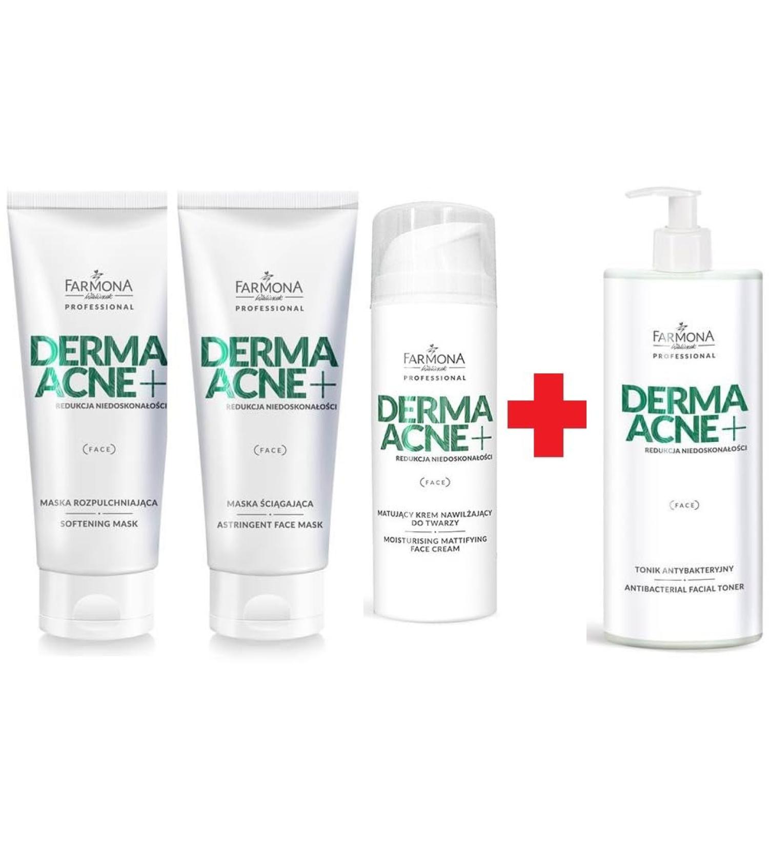 Generisch Farmona Dermaacne+ Skincare Kit: Mattifying Moisturizing Cream with AHA Acids 150ml Firming Mask 200g Plumping Mask 200ml and Antibacterial Facial Lotion 500ml