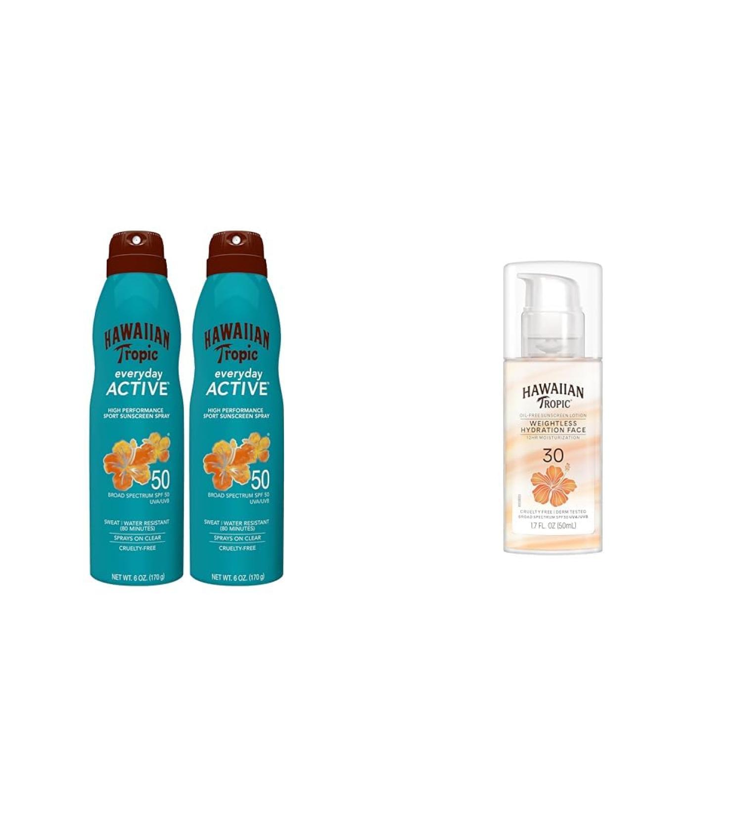 Hawaiian Tropic Everyday Active Spray Sunscreen SPF 50 Twin Pack and Weightless Hydration Face Sunscreen SPF 30 Travel Size - Buy Online on GoSupps.com