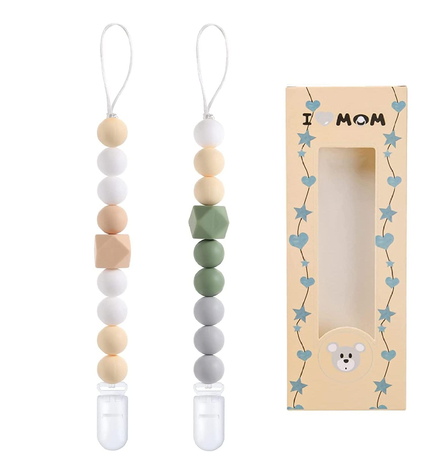 2 Pack Silicone Pacifier Clips for Baby Boys and Girls - Flexible Binky Holder in Green and Orange - Perfect Baby Gift - Buy Online on GoSupps.com