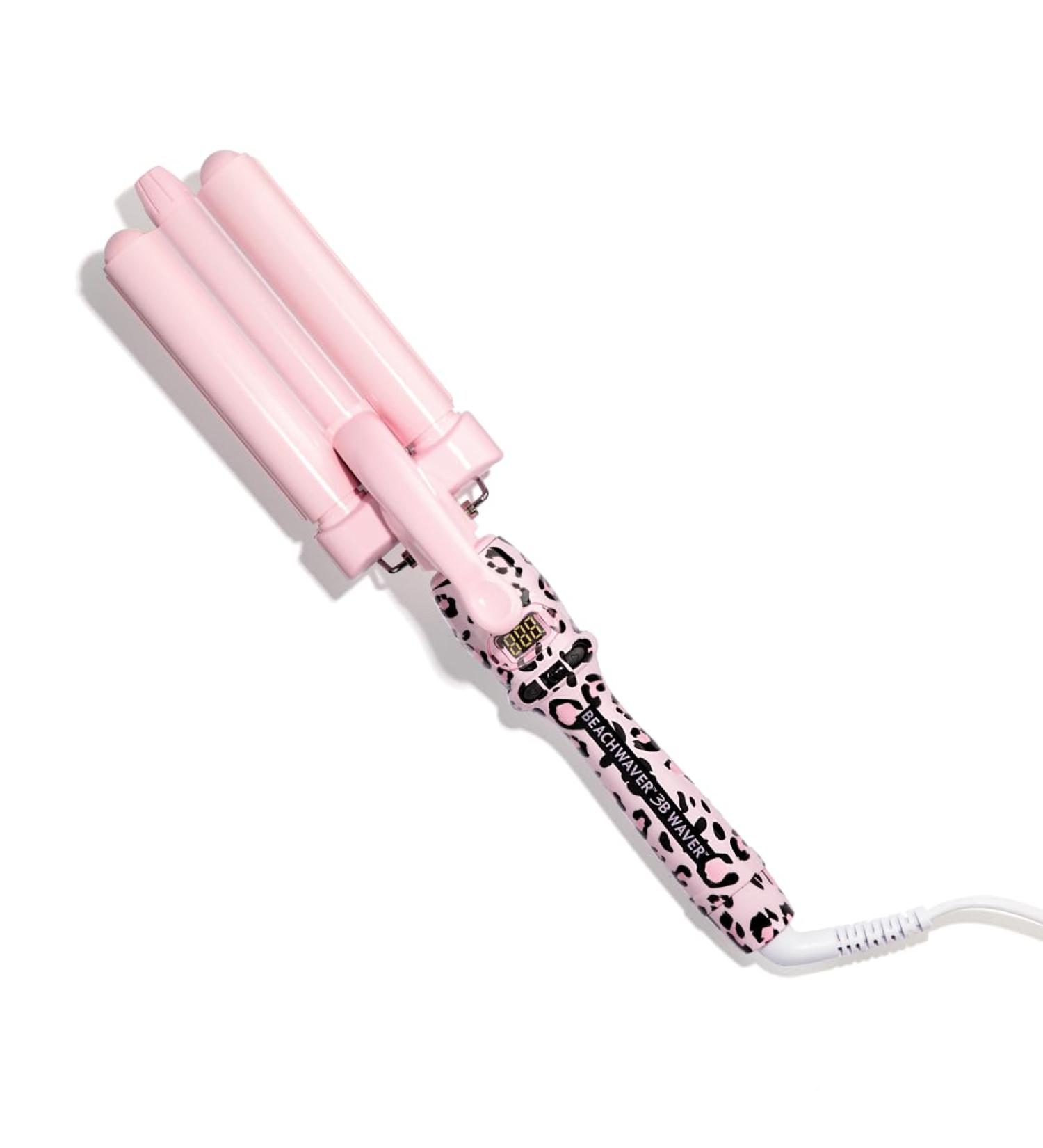 Beachwaver 3B Waver Triple Barrel Ceramic Hair Waver for Mermaid Waves Tames Frizz & Boosts Shine Professional Curling with Temperature and LED Screen in Cheetah Leopard Print - Pink Catwalk